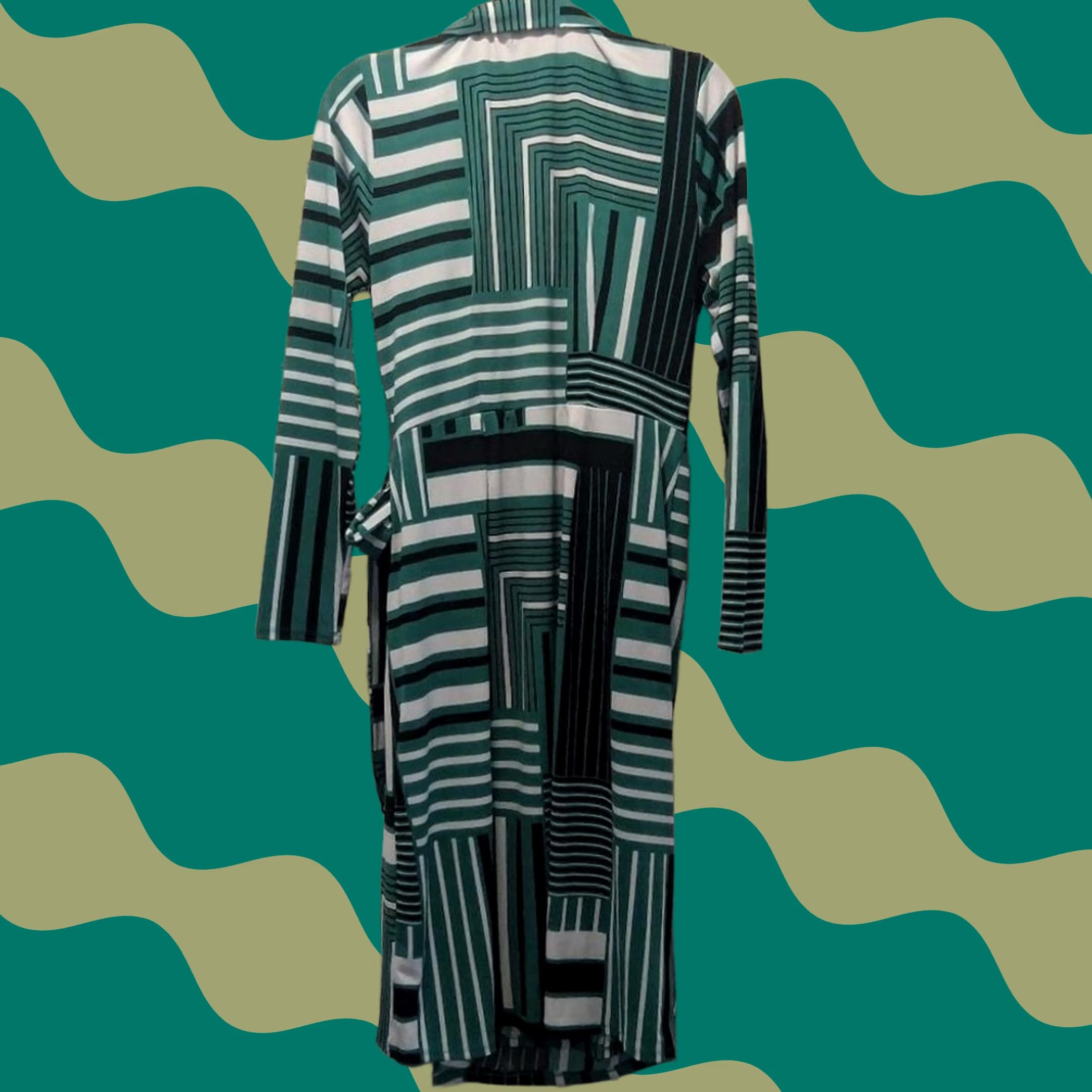 Nine West Nine West Green Black Geometric Stripe Collared Dress Long Sleeve L Stretch Retro Mod Party/Cocktail Wrap Dress Size L / US 10 / IT 46 - 1 Thumbnail