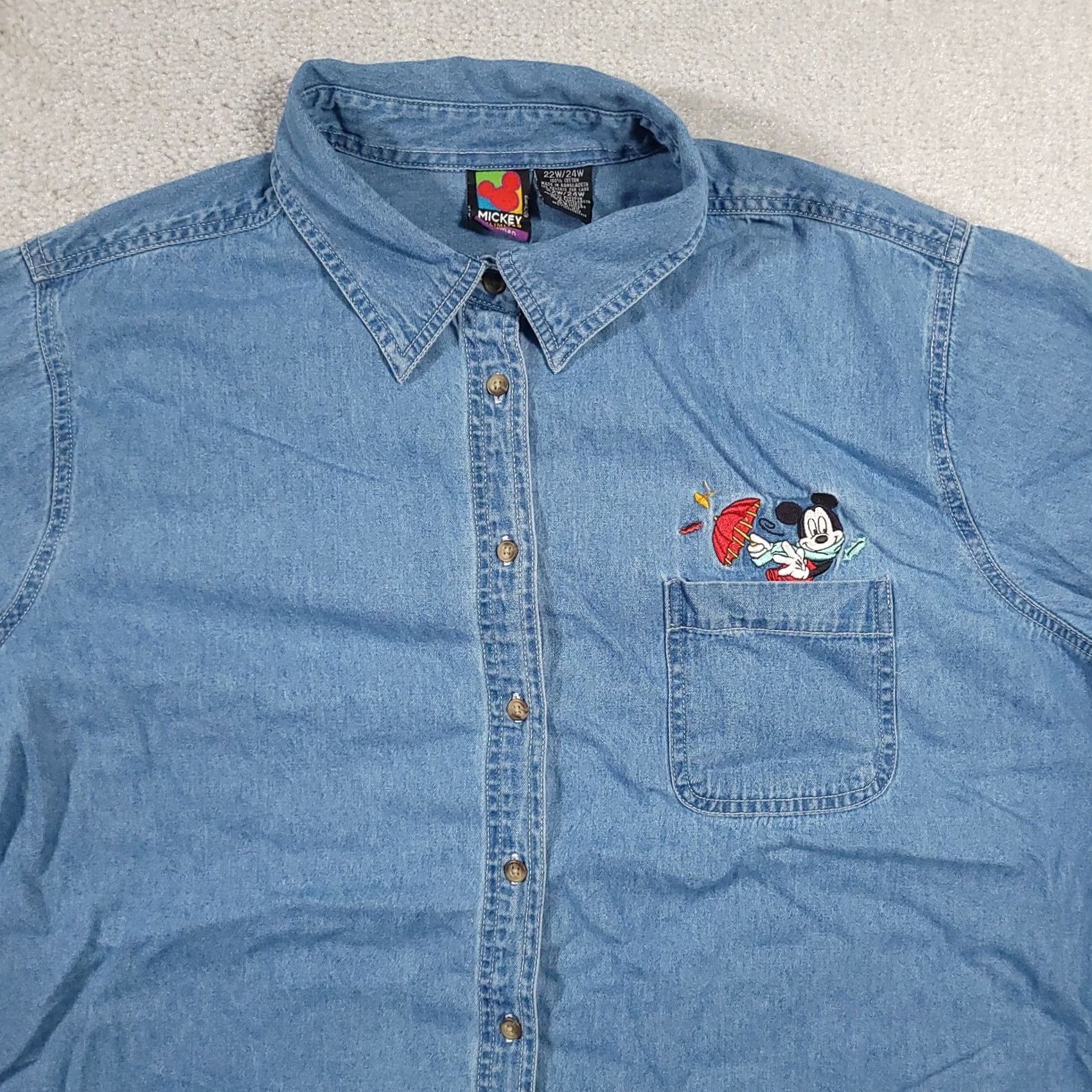 Mickey Unlimited VINTAGE Mickey Unlimited Shirt Denim Button Up Embroidered Pocket 90s Womens 24W Blue Cotton Shirt Women Menstrual? Size 4XL / US 24-26 - 3 Thumbnail
