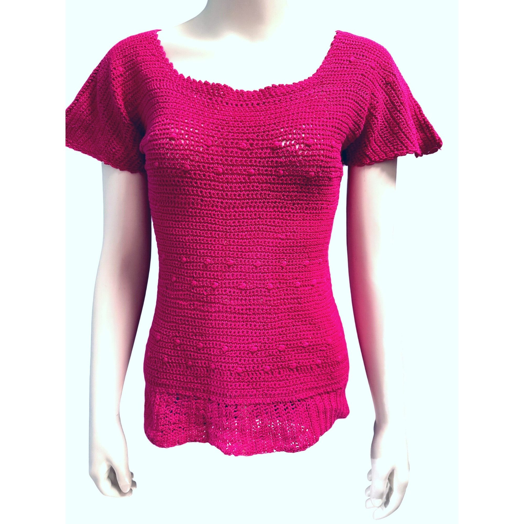 Other CCC Handmade Fuchsia Pink Crochet Knit Short Sleeve Sweater Size M / US 6-8 / IT 42-44 - 1 Thumbnail