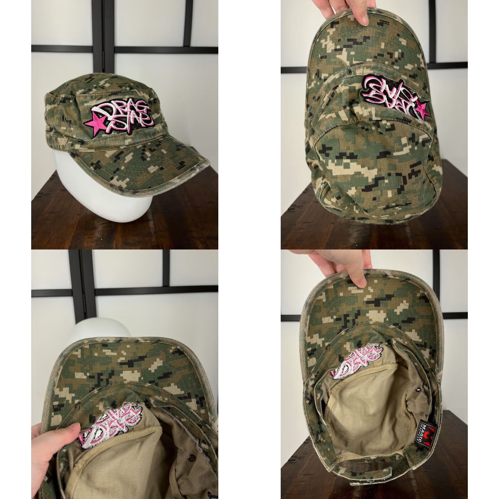 Vintage Drag Star Army Hat Cap Strap Back Adult One Size Green Embroidered Camo Cotton Size ONE SIZE - 8 Thumbnail