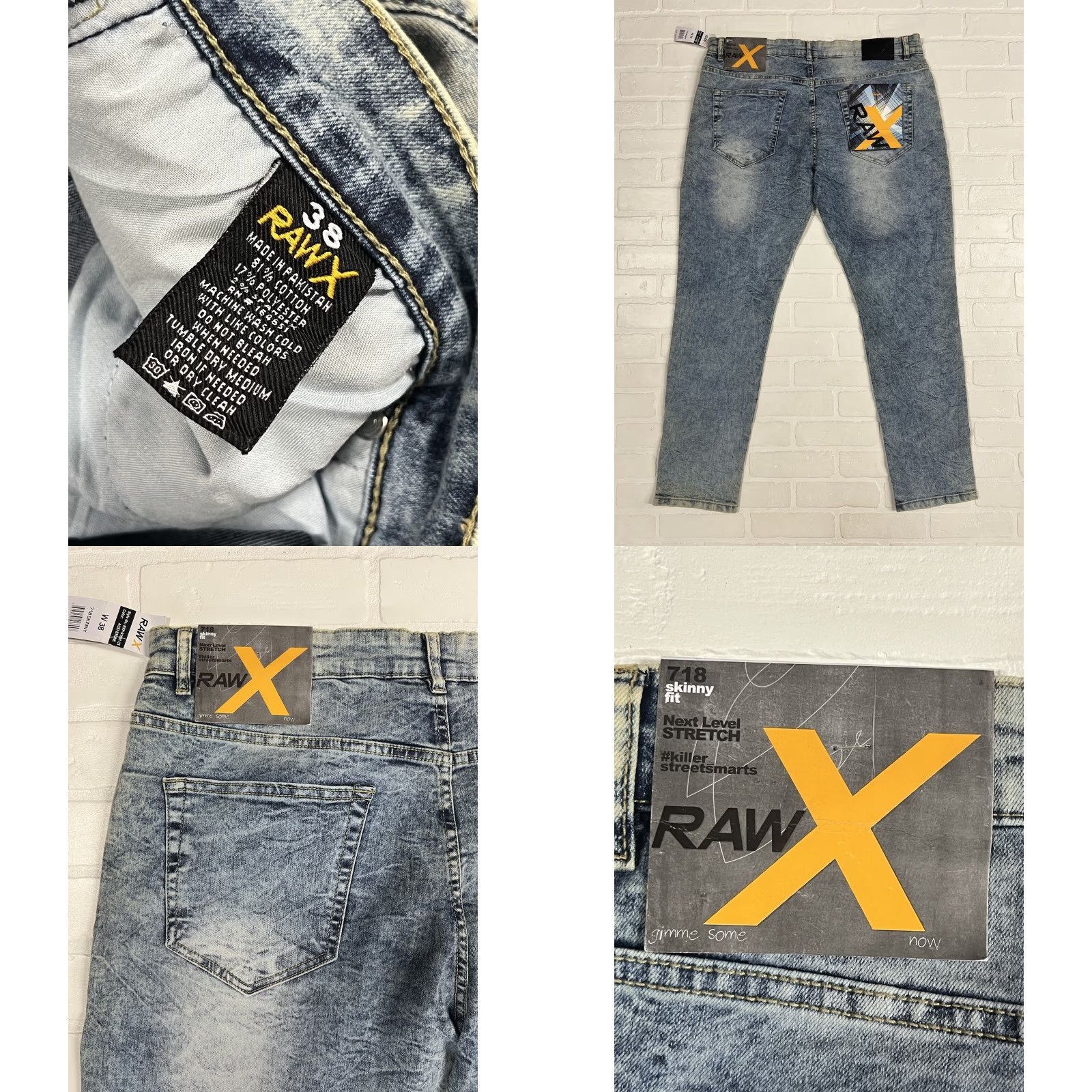 Denime Raw X Jeans Men’s 38 Skinny Stretch Blue Denim Patchwork Studs NWT Modern City Hip Hop Retro Jeans Size US 38 / EU 54 - 8 Thumbnail