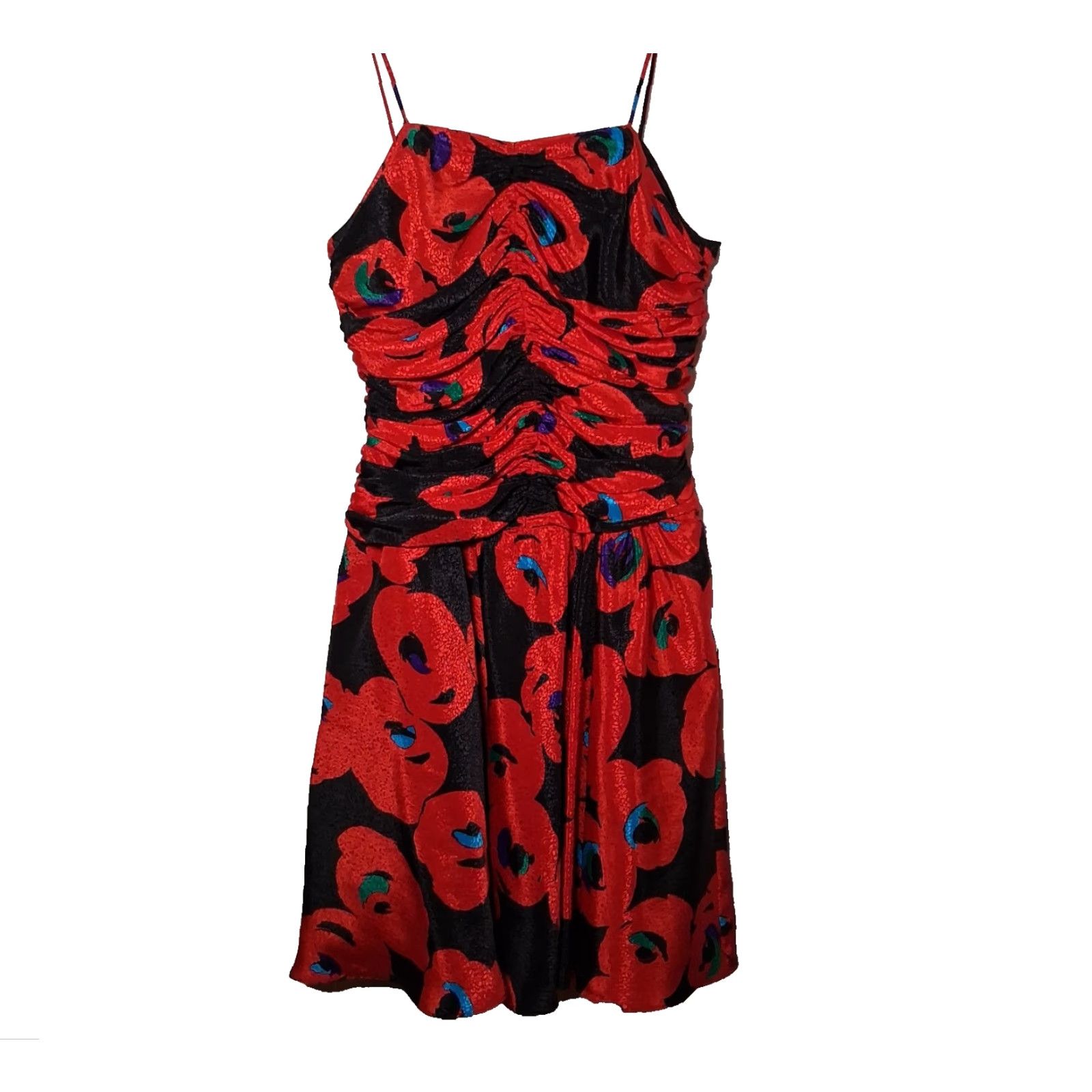 Vintage VINTAGE Apostrophe 1980s Party Dress Red Black Floral Satin Sleeveless Spaghetti Zips back Giant bow Tulle lining Dress Women's Size XL / US 12-14 / IT 48-50 - 2 Thumbnail