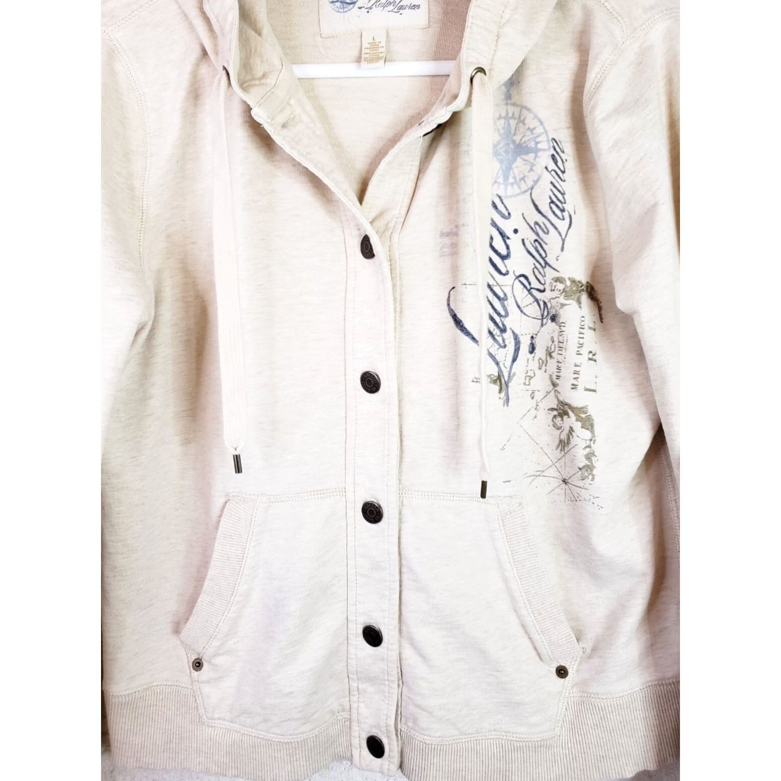 Ralph Lauren Lauren Ralph Lauren Hoodie Jacket Women's L Button Front Logo Beige Solid Hooded Pockets Fall Winter Spring Seasonal Casual Designer Regular Fit Size L / US 10 / IT 46 - 2 Thumbnail
