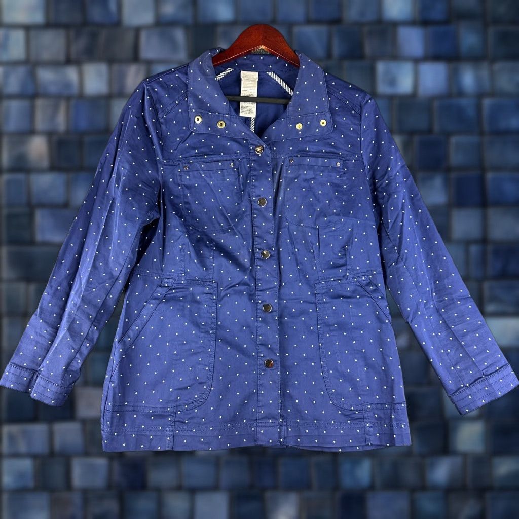 Vintage Chicos Jacket Womens 8 Snap Front Blue Polka Dot Stretch Pockets Shirt Womens Jacket Outfit Size M / US 6-8 / IT 42-44 - 1 Thumbnail