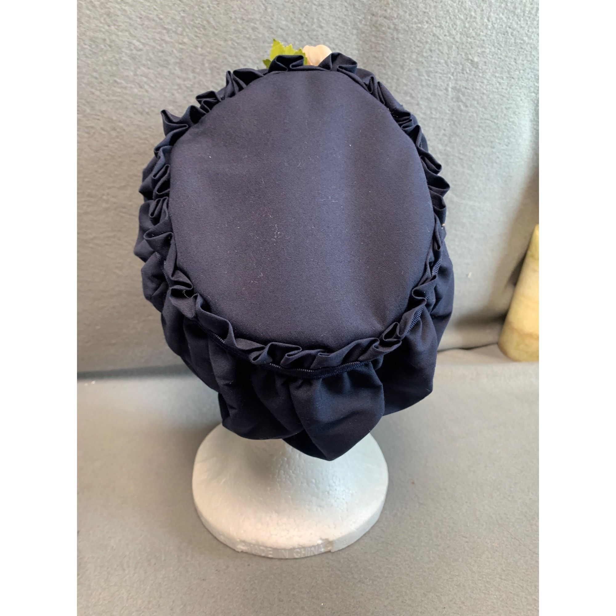 Vintage Handmade Navy Blue Ruffled Vintage Hat with Floral Accent by Size ONE SIZE - 3 Thumbnail
