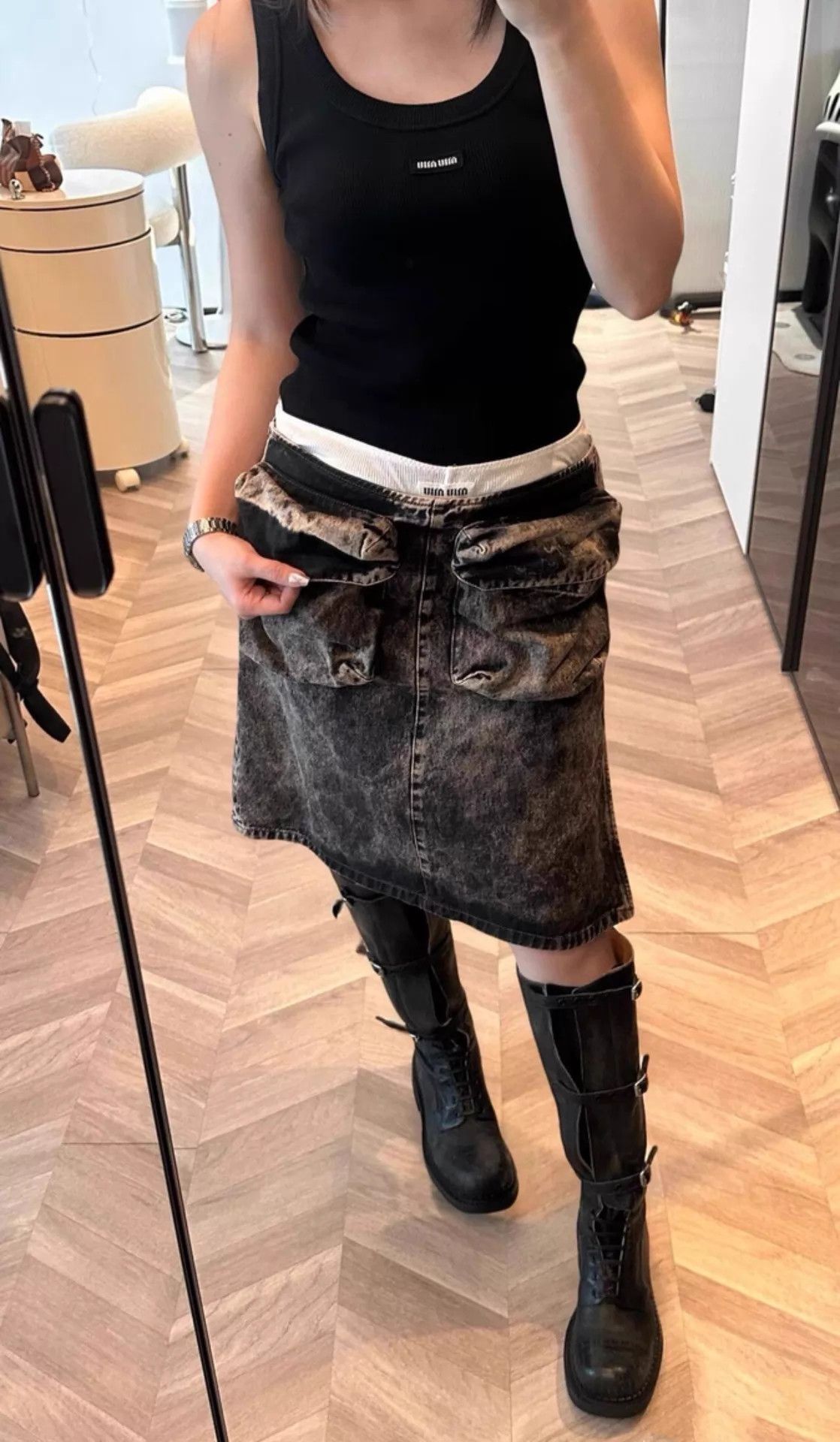 Miu Miu MIUMIU Distressed TieDye Black/Gray Denim Skirt36 Size 25" / US 0 / IT 36 - 8 Thumbnail