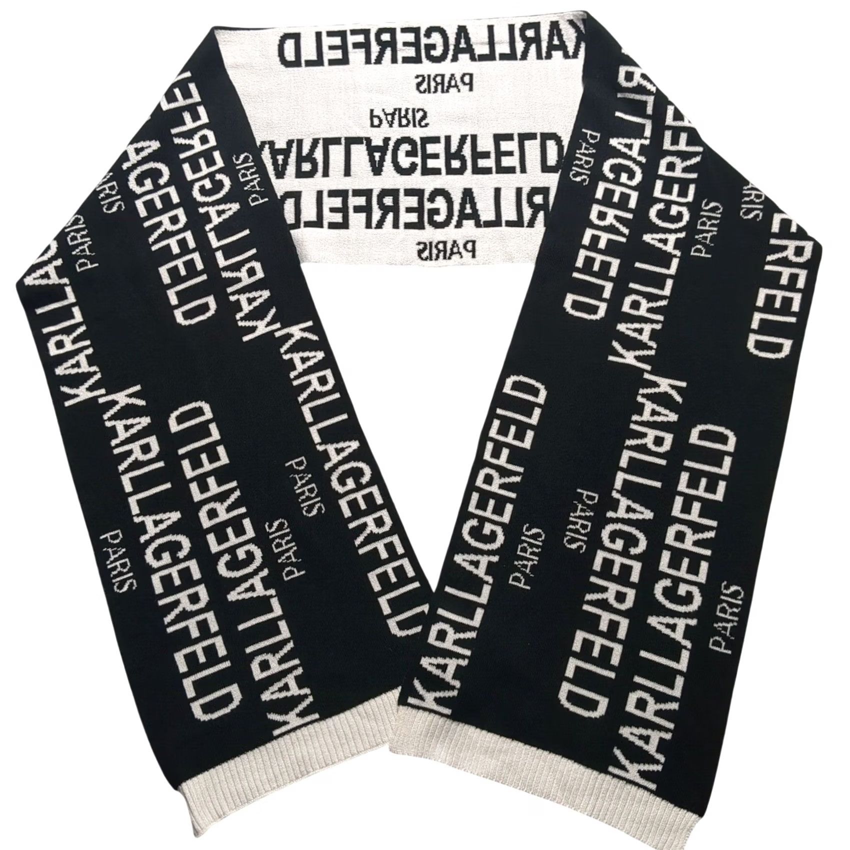 Karl Lagerfeld Karl Lagerfeld Paris Scarf Black White Logo Knit Acrylic Reversible 70x10 EUC Size ONE SIZE - 2 Thumbnail