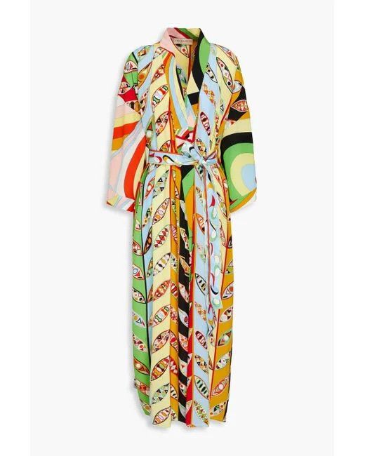 o1mle1124 Print Belted Kimono Robe Jacket Multicolor