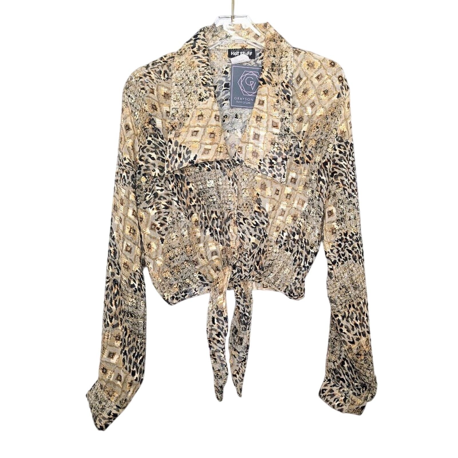Vintage Vintage 90's Animal Print Long Sleeve Tie Front Shirt Gold Size M / US 6-8 / IT 42-44 - 1 Thumbnail
