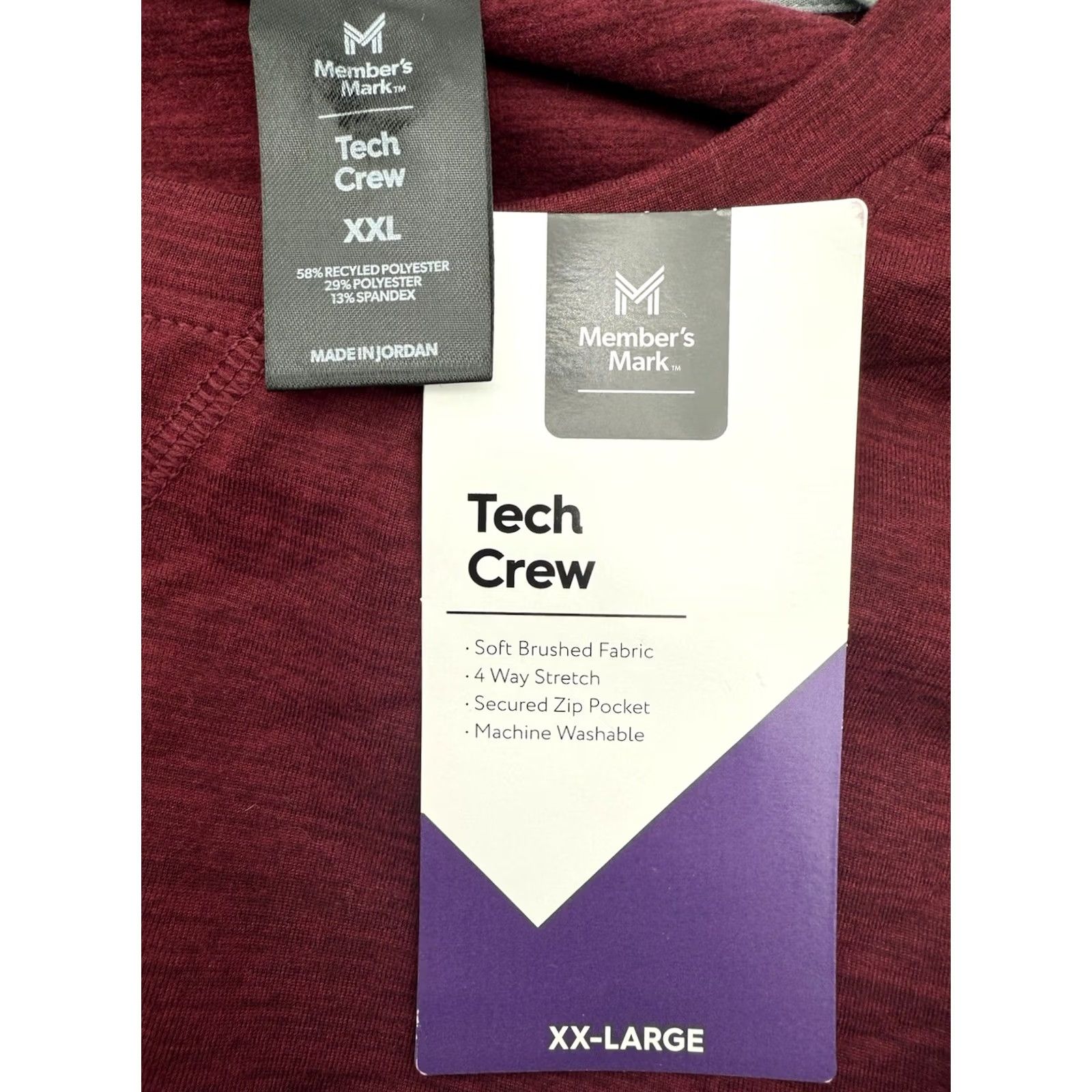 Vintage Member's Mark Men’s Long Sleeve Crew Neck T-Shirt Bordeaux/red wine 2XL Soft Brushed Fabric Stretch Tech Zip Pocket NWT Size US XXL / EU 58 / 5 - 6 Thumbnail