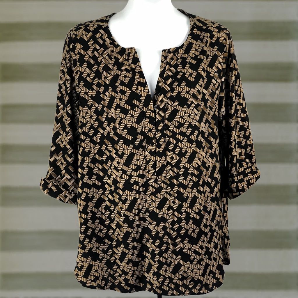 Vintage Dana Buchman Top Blouse M Blk/Gold Button V-Neck 3/4 Sleeve Geometric Career Womens Size M / US 6-8 / IT 42-44 - 1 Thumbnail