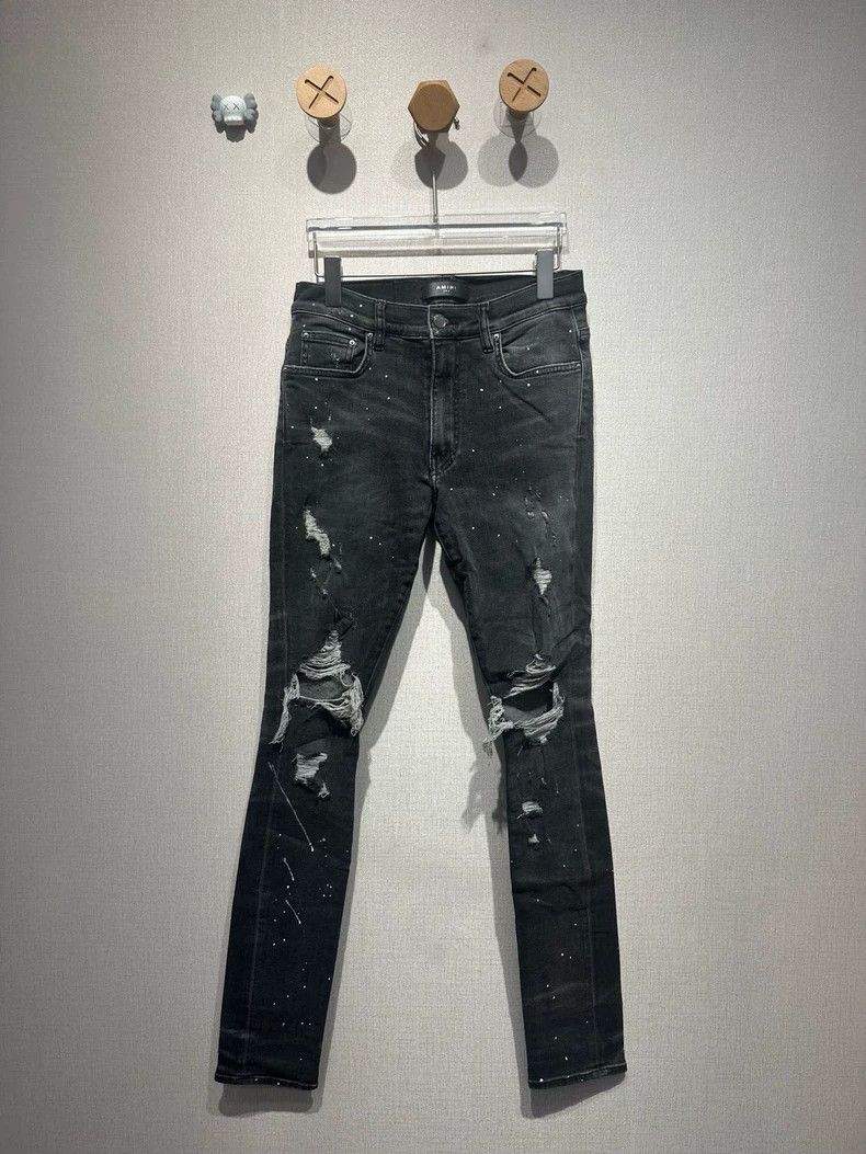 Amiri Amiri Grey Double Knee Hole Spotted Jeans Size US 31 - 1 Thumbnail