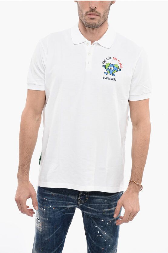 image of Dsquared2 One Life One Planet Hopsack Cotton Buddy Earth Polo in White, Men's (Size Large)