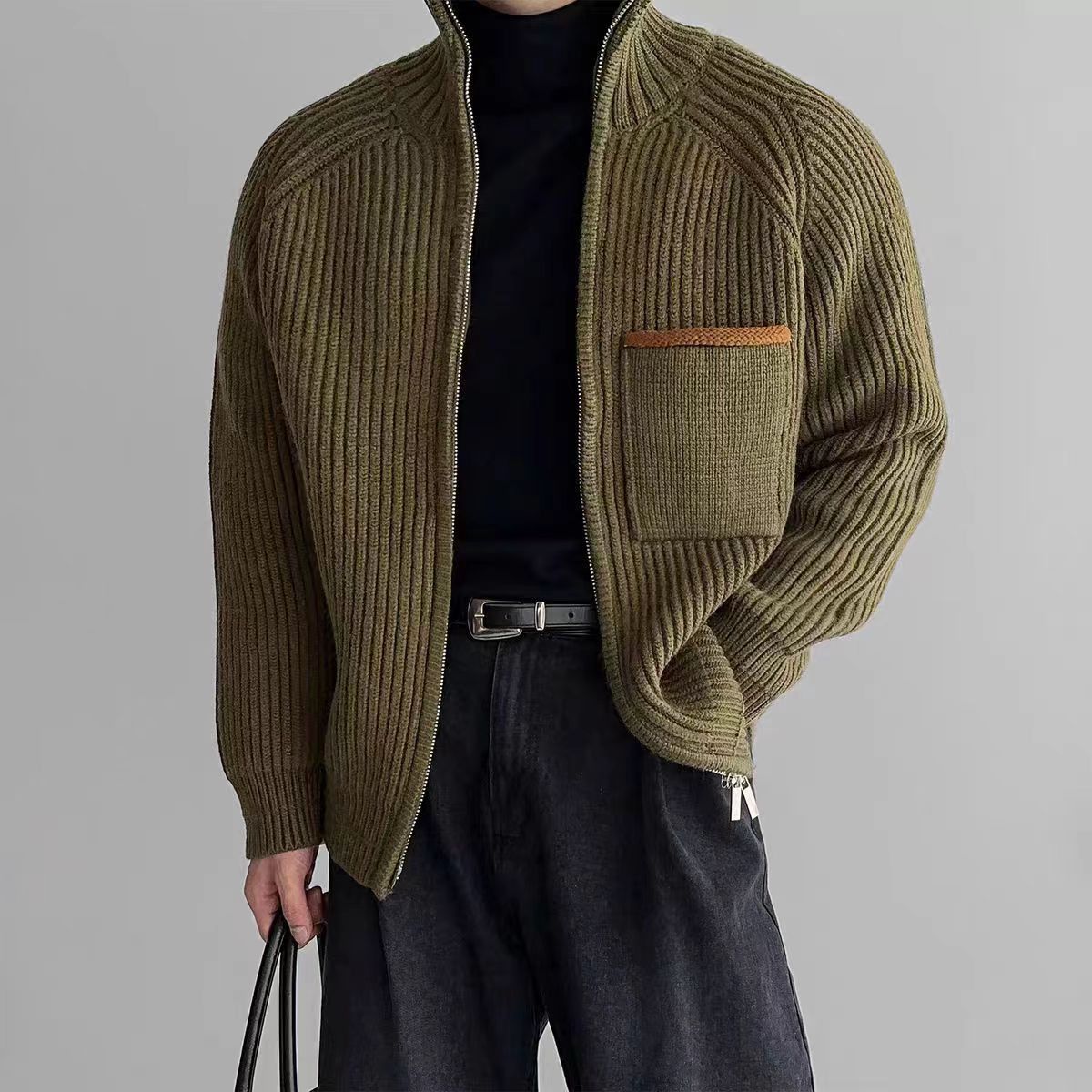 Japanese Brand Vintage Green Double Zipper Knit Stand-Up L Jacket Coat Size US L / EU 52-54 / 3 - 1 Thumbnail