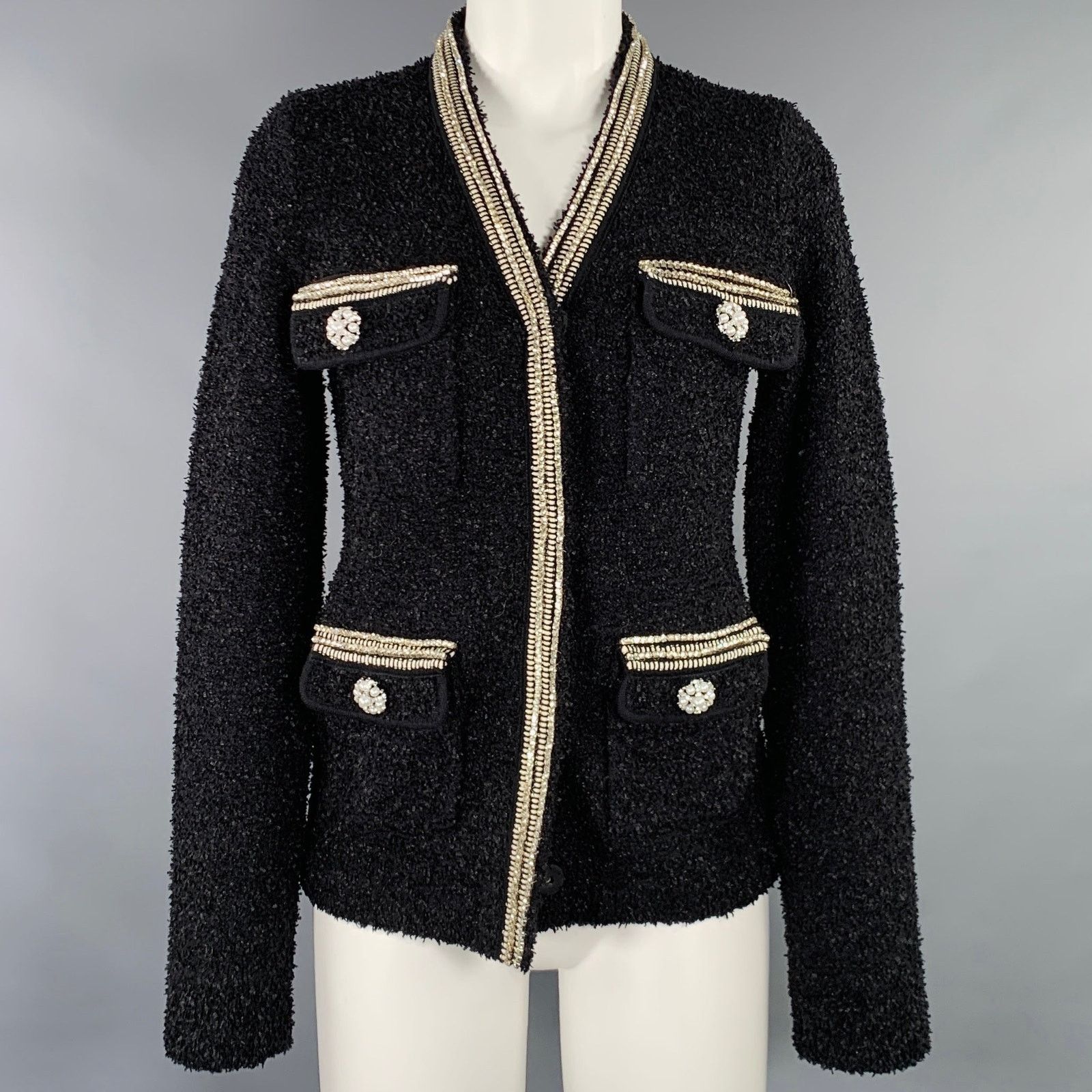 Self-Portrait S Black Silver White Polyamide Blend Knit Cardigan Size S / US 4 / IT 40 - 1 Thumbnail