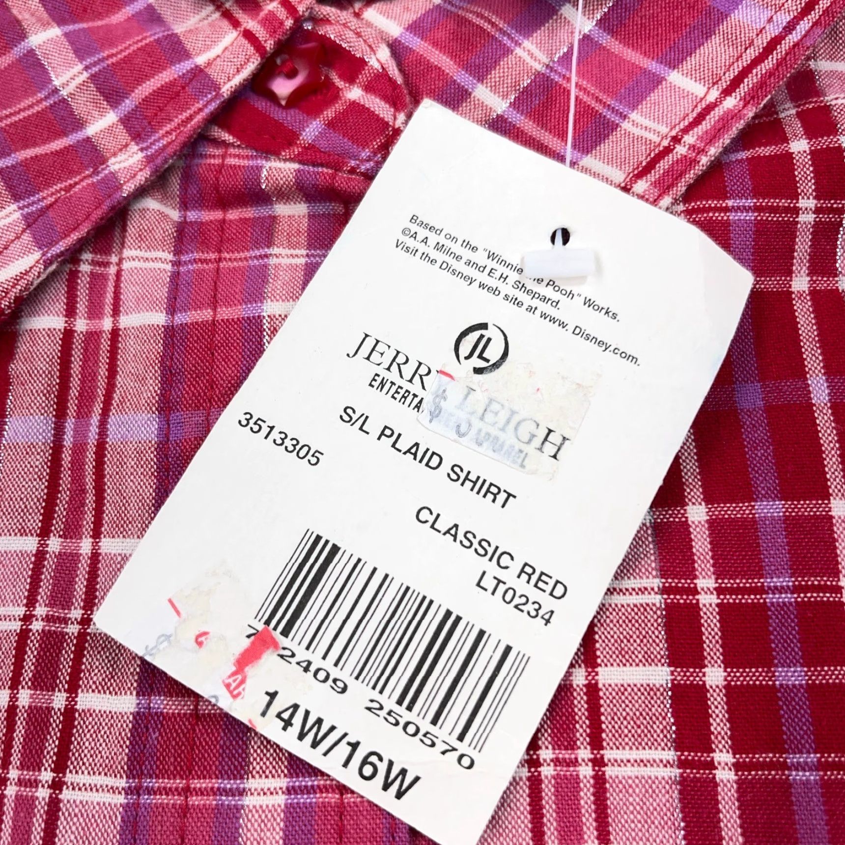 Disney VINTAGE Winnie the Pooh Shirt Womens 14/16W Button Up Sleeveless Red Plaid Adult Size XL / US 12-14 / IT 48-50 - 7 Thumbnail
