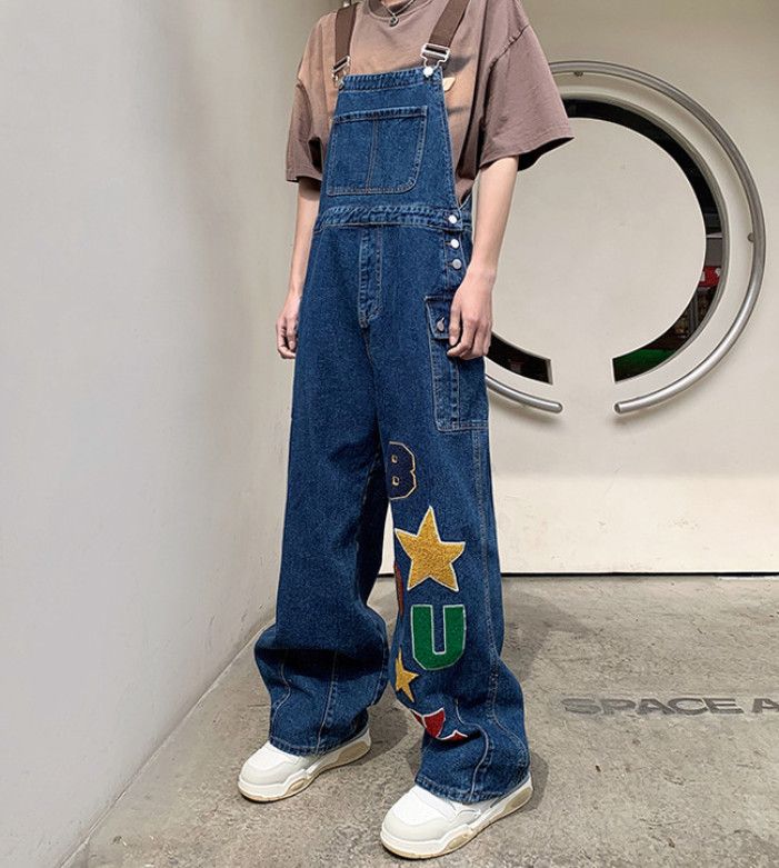 Japanese Brand Retro Men's Loose Straight Leg Embroidered Denim Overalls Size US 32 / EU 48 - 3 Thumbnail