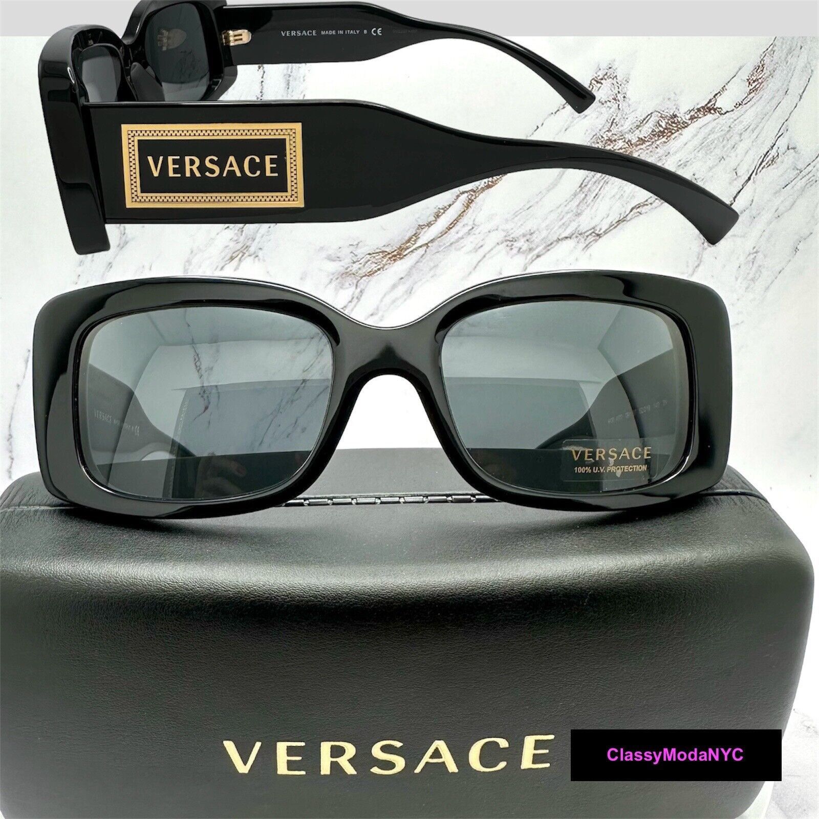 Versace Versace Sunglasses Black Gold Letter Logo Square Oversized ...