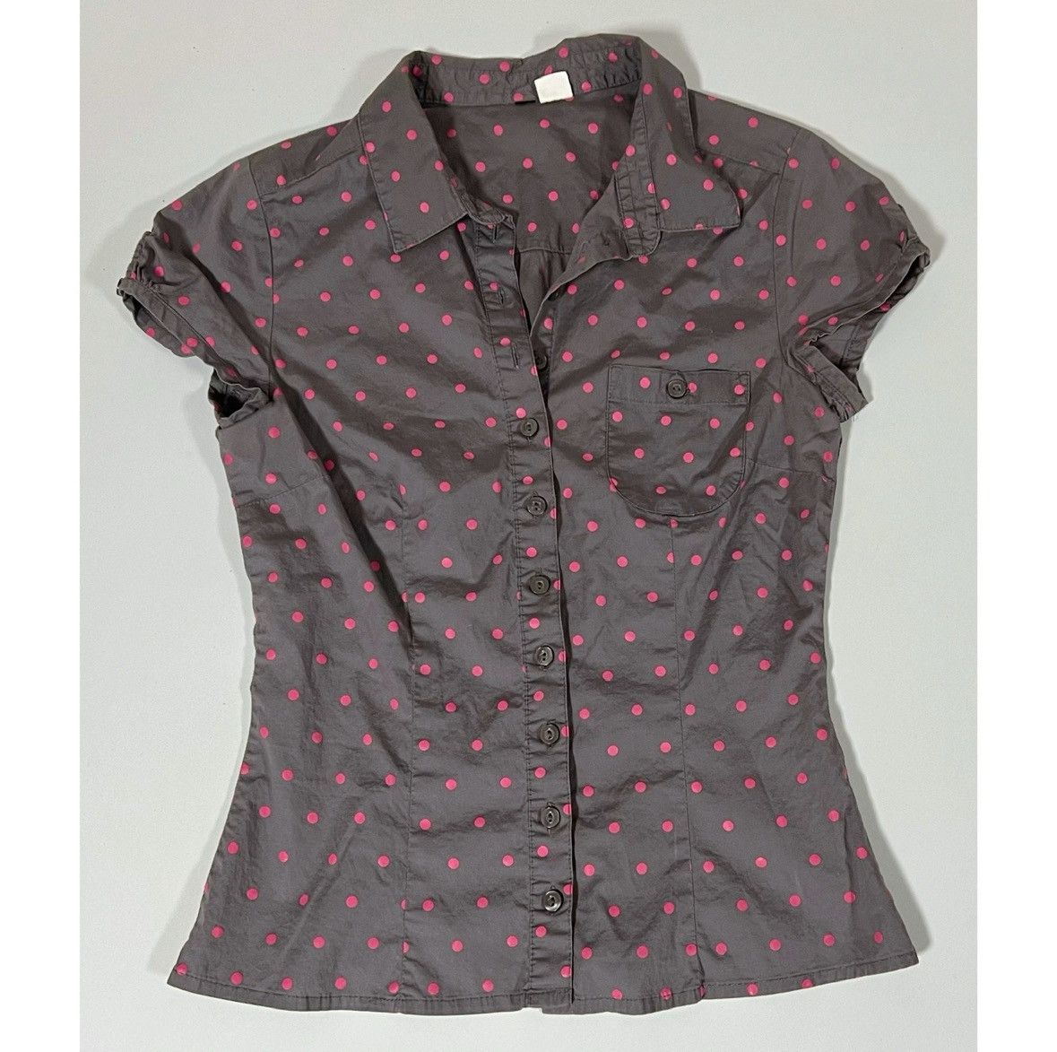 Vintage Gray Pink Polka Dot Button-Down Shirt Top Blouse Size 6 🩶 Size M / US 6-8 / IT 42-44 - 1 Thumbnail