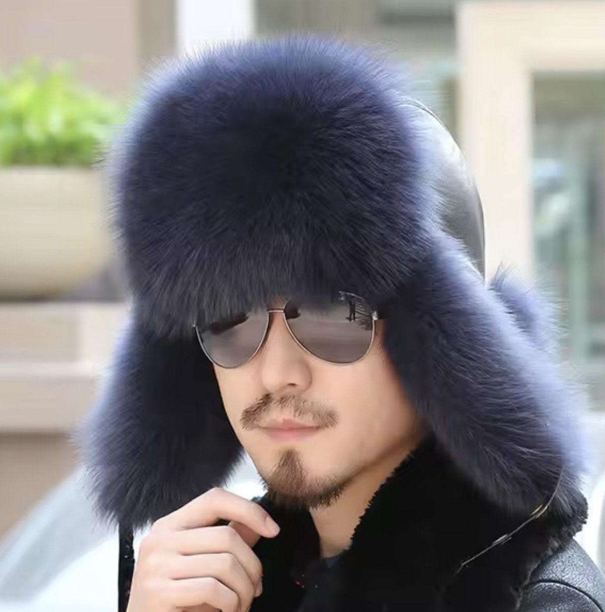Luxury Fox Fur Ushanka – PU Leather Trapper Hat Size M
