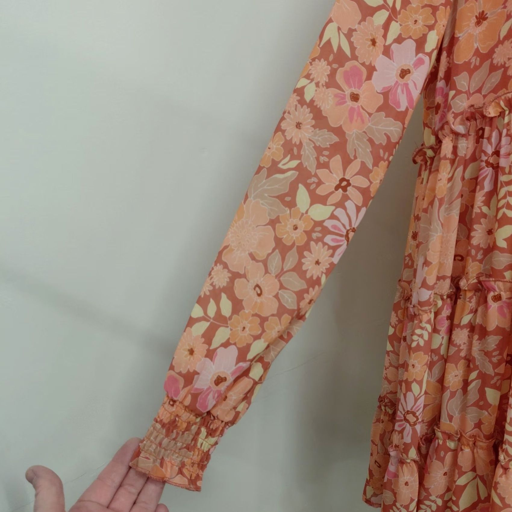 Vintage Peach Love California Dress Women L Peach Floral Long Sleeve Mini Lined Ballon Sleeve Blouson Party/Cocktail Wedding Sundress Short Size L / US 10 / IT 46 - 4 Thumbnail