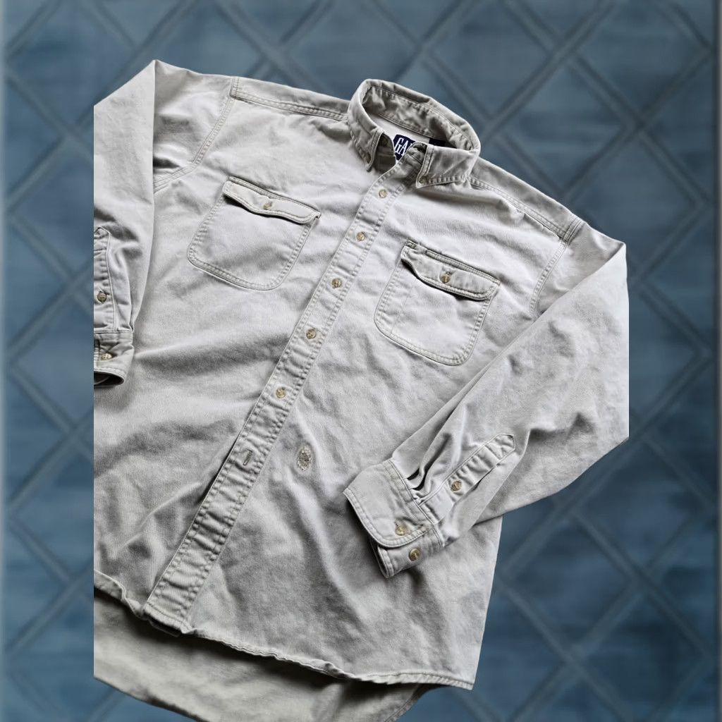 Gap VINTAGE Gap Shirt XL Beige Twill Long Sleeve Button Up Pocket Heavyweight 90s Mens Size US XL / EU 56 / 4 - 1 Thumbnail
