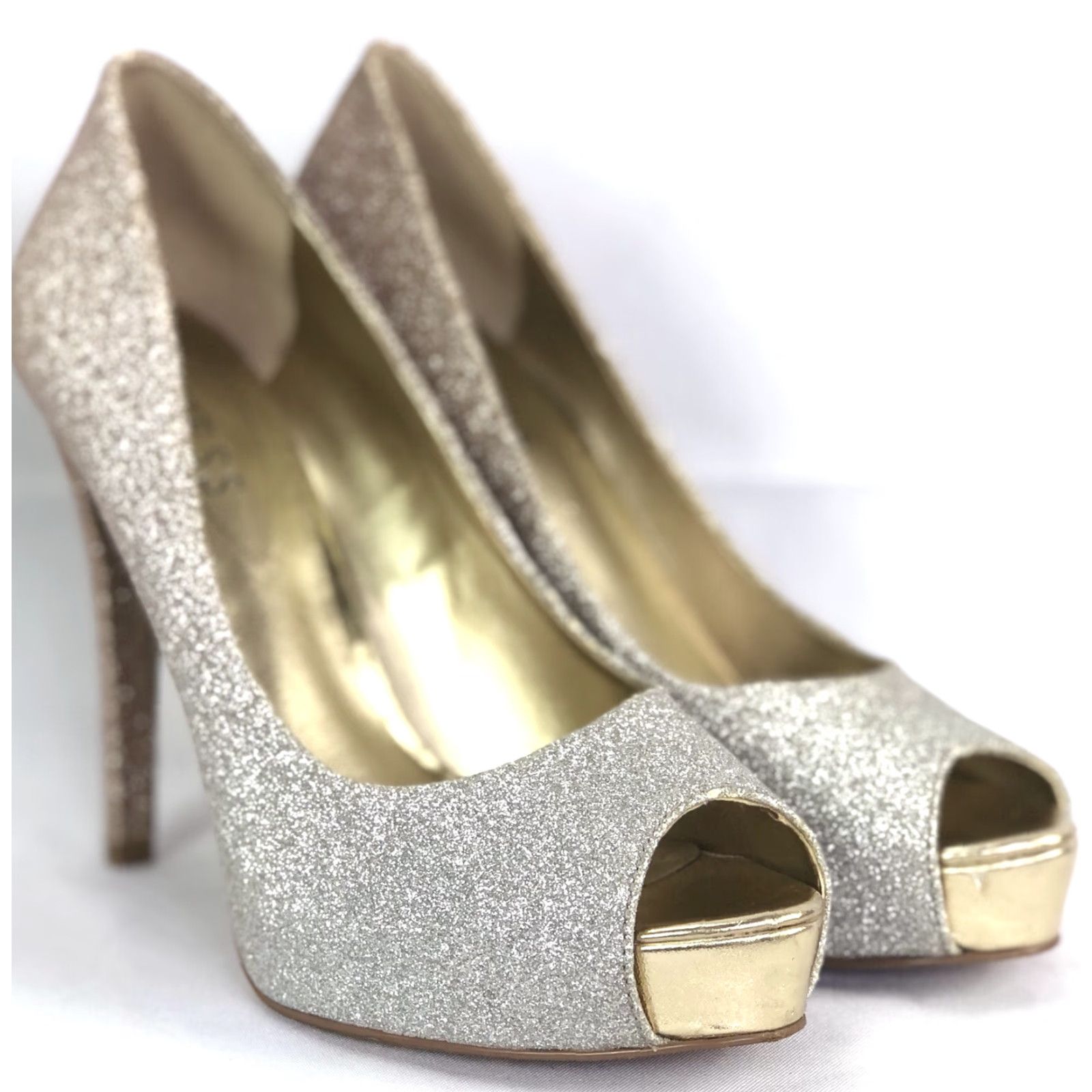 Guess GUESS Peep Toe Pumps High Heels 6 1/2 Silver Glitter WG Patches 4 1/2 Heels Pumps Womens Stiletto Ultra High M Silver Size US 7 / IT 37 - 3 Thumbnail