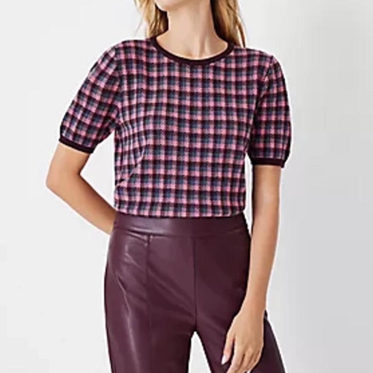 Ann Taylor Pink Plaid Short Sleeve Sweater Size XS / US 0-2 / IT 36-38 - 4 Thumbnail