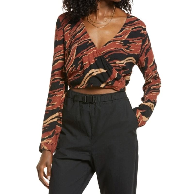 Other BP. Tiger Print Crop Top Ruched Waist Brown Women's S NWOT Size S / US 4 / IT 40 - 1 Thumbnail