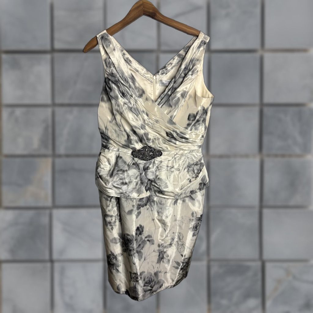 Vintage Teri Jon Dress Womens 12 White Gray Floral Satin Beaded Waist Cocktail Sheath Size XL / US 12-14 / IT 48-50 - 1 Thumbnail
