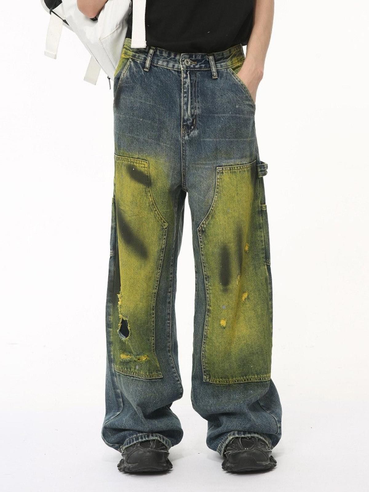 Vintage Green Paint Carpenter Straight Baggy Wide Leg Denim Jeans Size US 30 / EU 46 - 1 Thumbnail