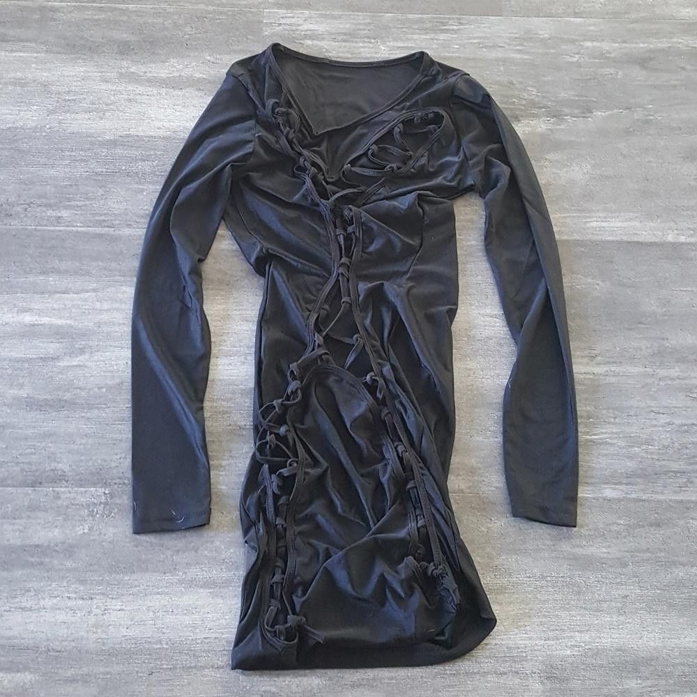 Designer Black Back Stitched Shiny Long Sleeve Mini Size S / US 4 / IT 40 - 2 Thumbnail