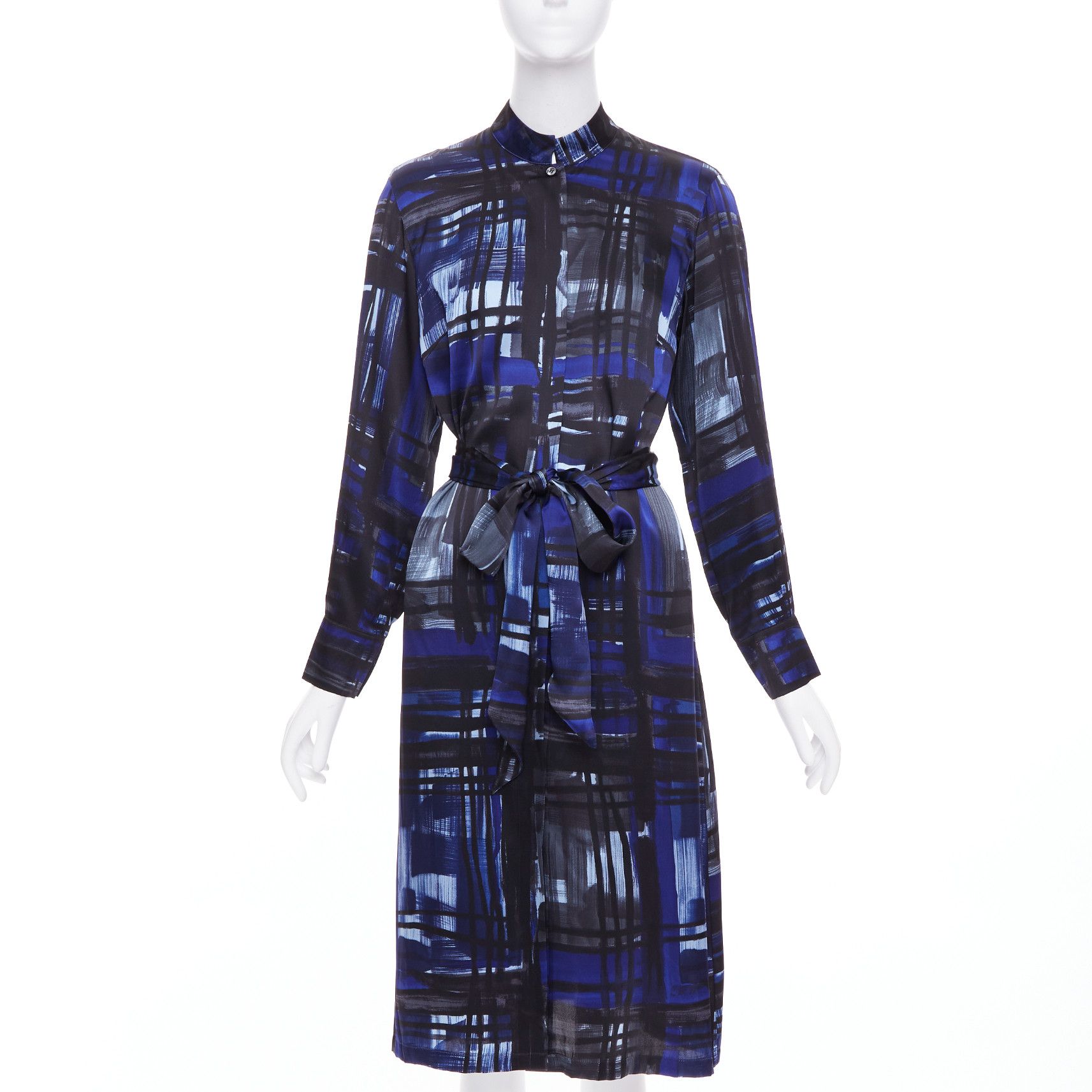 Marina Rinaldi MARINA RINALDI 100% silk blue black brush print belted shirt dress Sz.15 M Size M / US 6-8 / IT 42-44 - 1 Thumbnail
