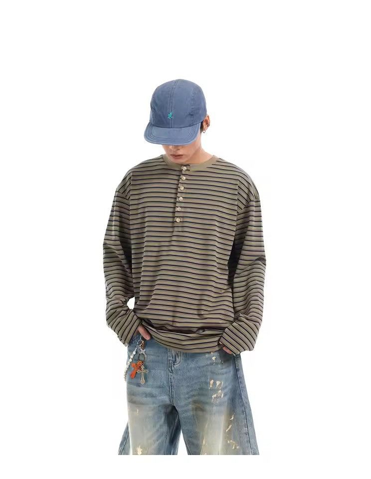 Other Striped Basic Casual Loose Button Neck Long Sleeve Shirt Size US L / EU 52-54 / 3 - 1 Thumbnail