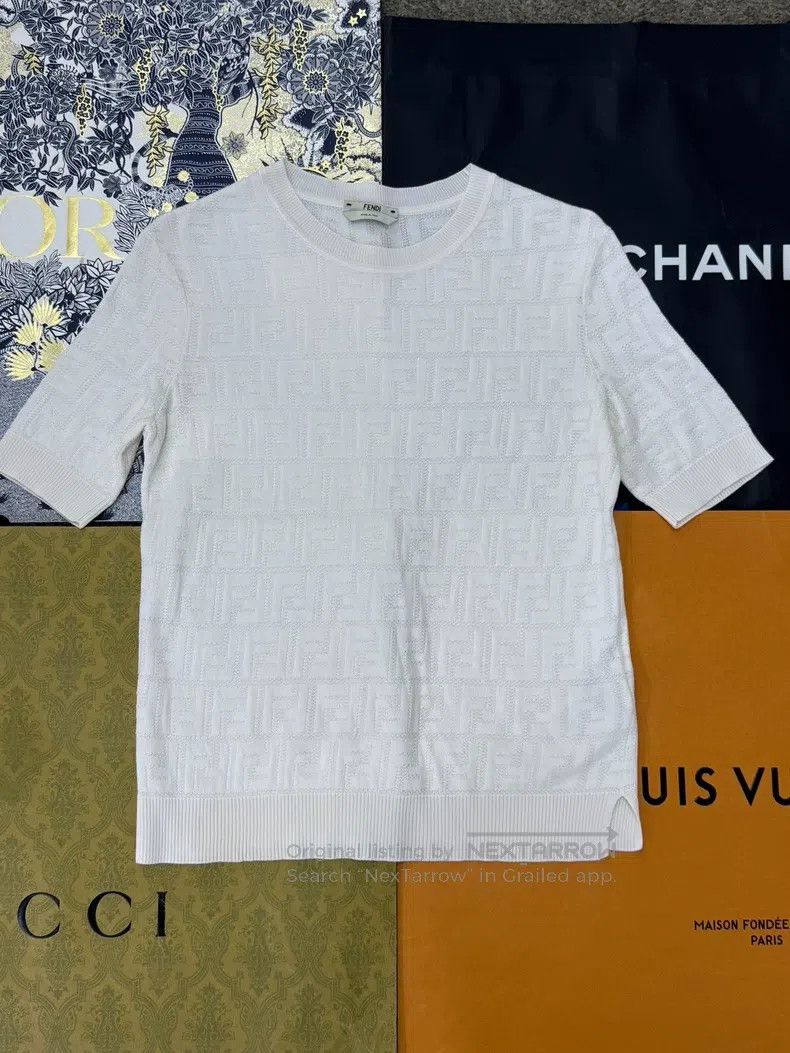 Fendi White Knit Full Logo Old Logo Subtle Pattern Short S