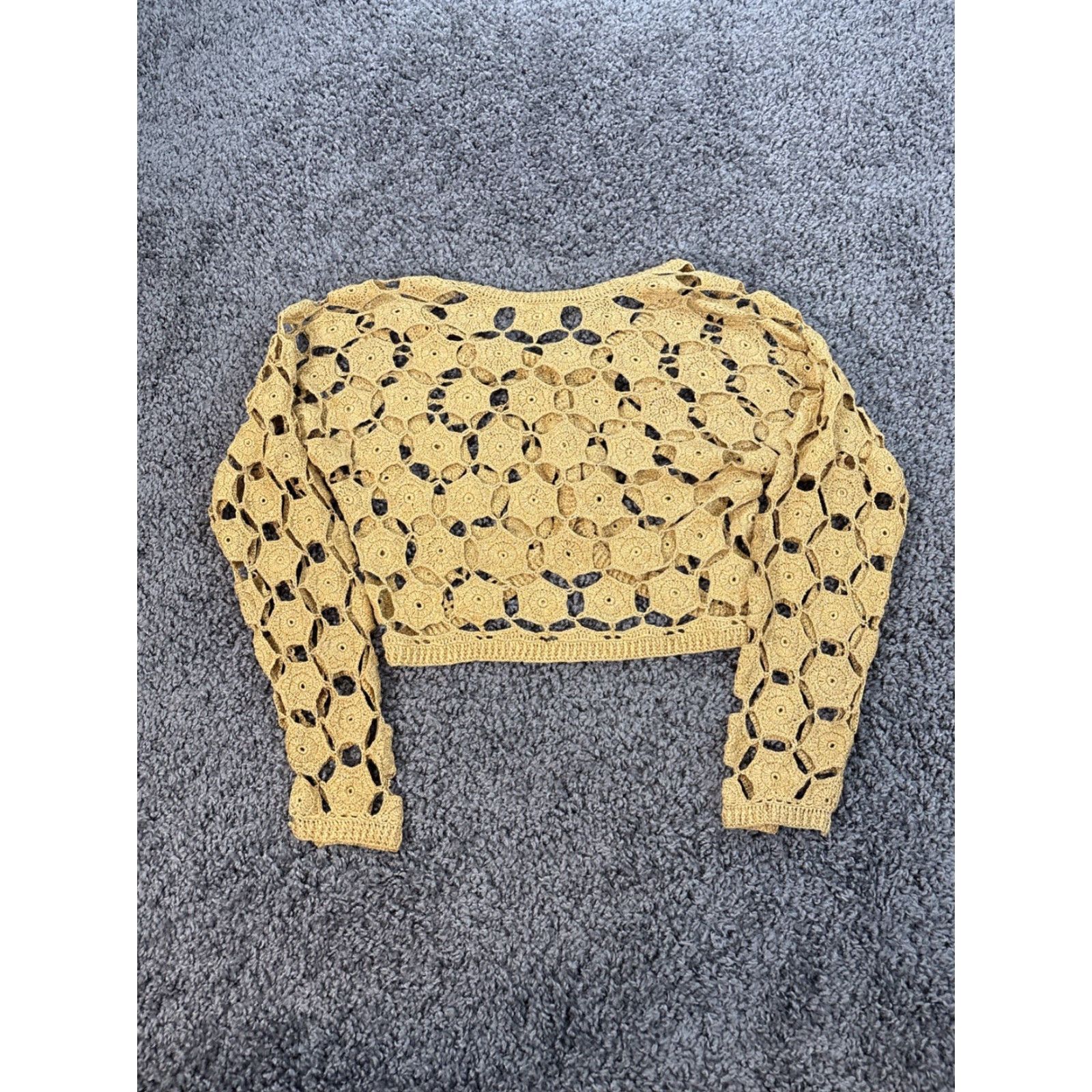 Vintage VINTAGE Cardigan Womens Large L Open-Knit Bohemian Gold Sparkle 90s Boho Womens Cardigan L Gold Sparkle V-Neck Cropped Open Knit Size L / US 10 / IT 46 - 5 Thumbnail