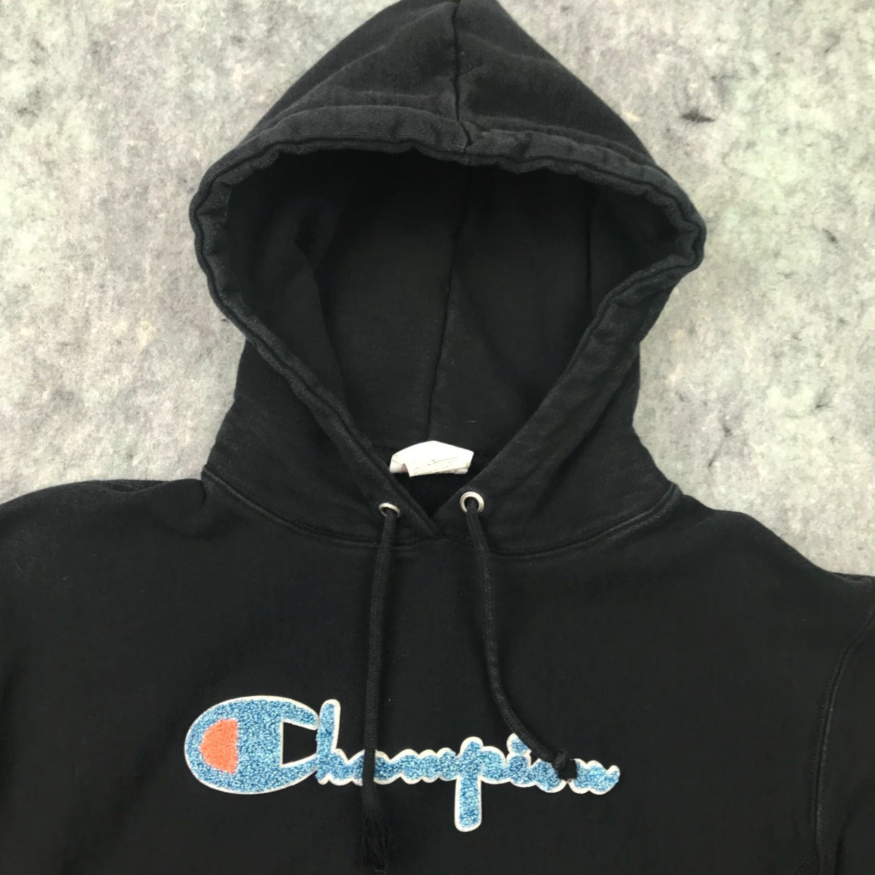 Champion Champion Hoodie Womens Medium Black Reverse Weave Embroidered Patch Scrypt Sweatshirt Pullover Front Event 90s Mens Girls Size M / US 6-8 / IT 42-44 - 4 Thumbnail