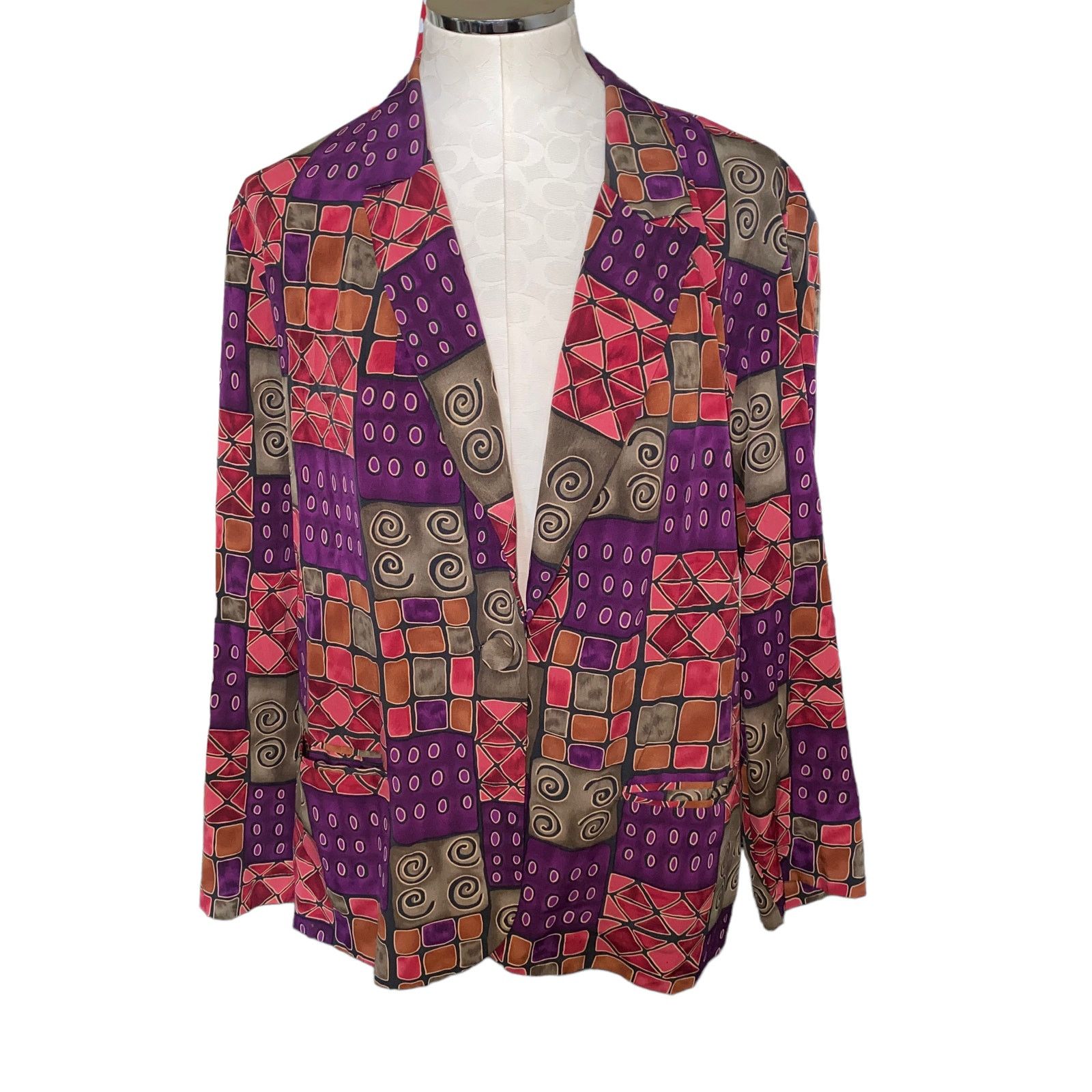 Other Vintage Retro abstract print one button Blazer Petite Large Size L / US 10 / IT 46 - 1 Thumbnail