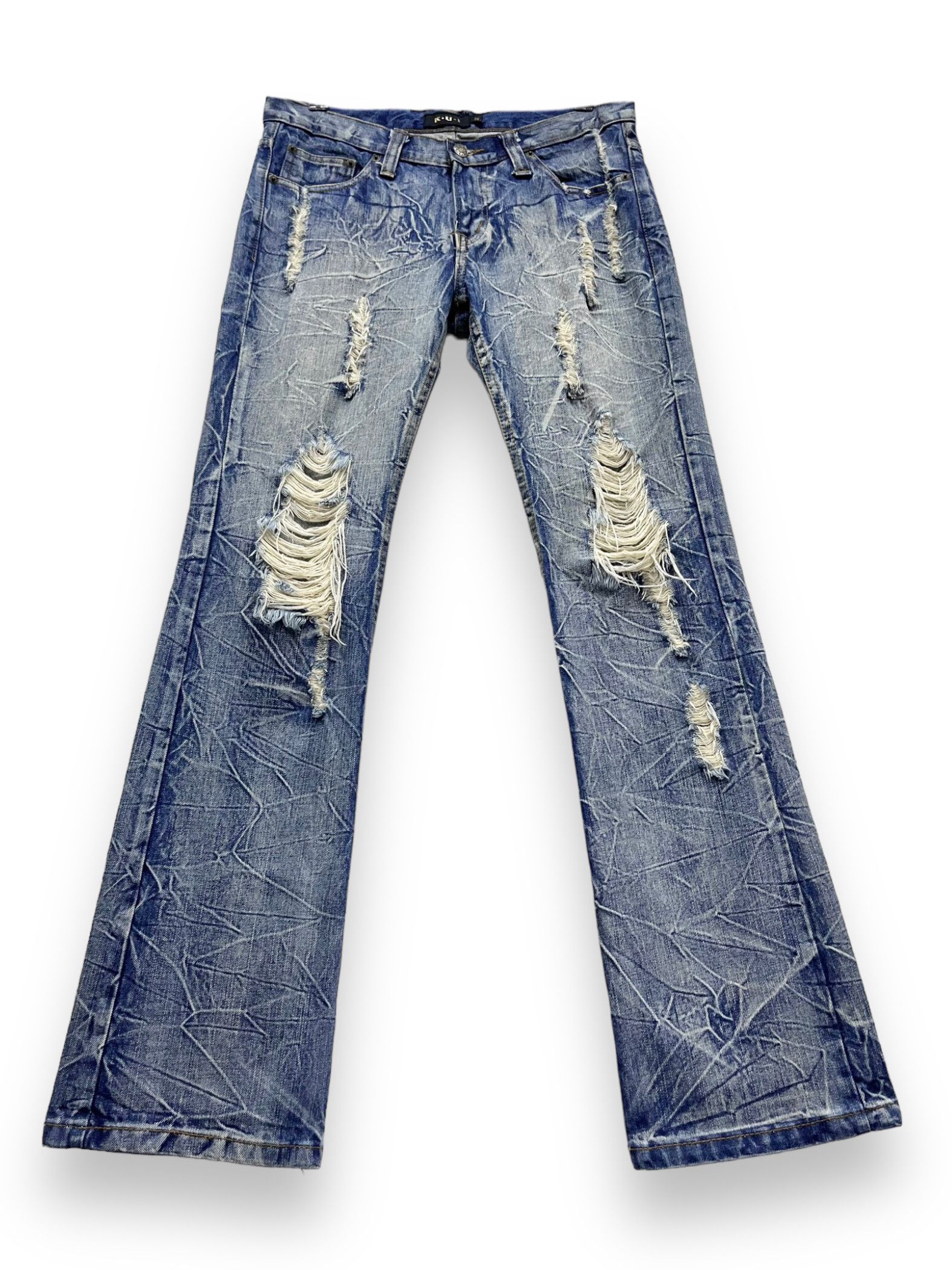 Japanese Brand Vtg KUI Japan Acid Wash Ripped Distressed Flare Denim Jeans Size US 31 - 2 Thumbnail