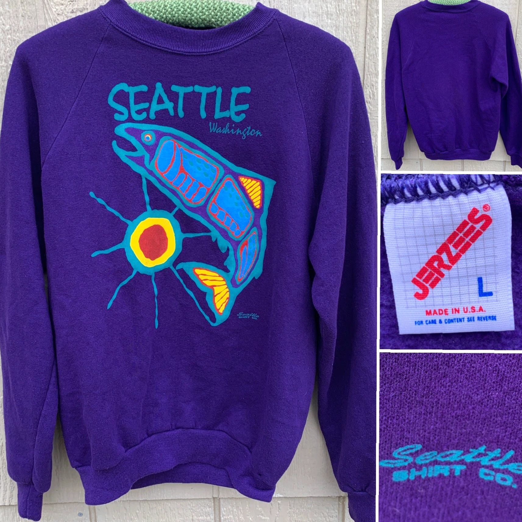 Jerzees VINTAGE Seattle Washington Sweatshirt Seattle Shirt Co USA L Purple Graphic Jerzees 50/50 Cotton Blend Sweatshirt Mens Womens - 1980s Size L / US 10 / IT 46 - 2 Thumbnail