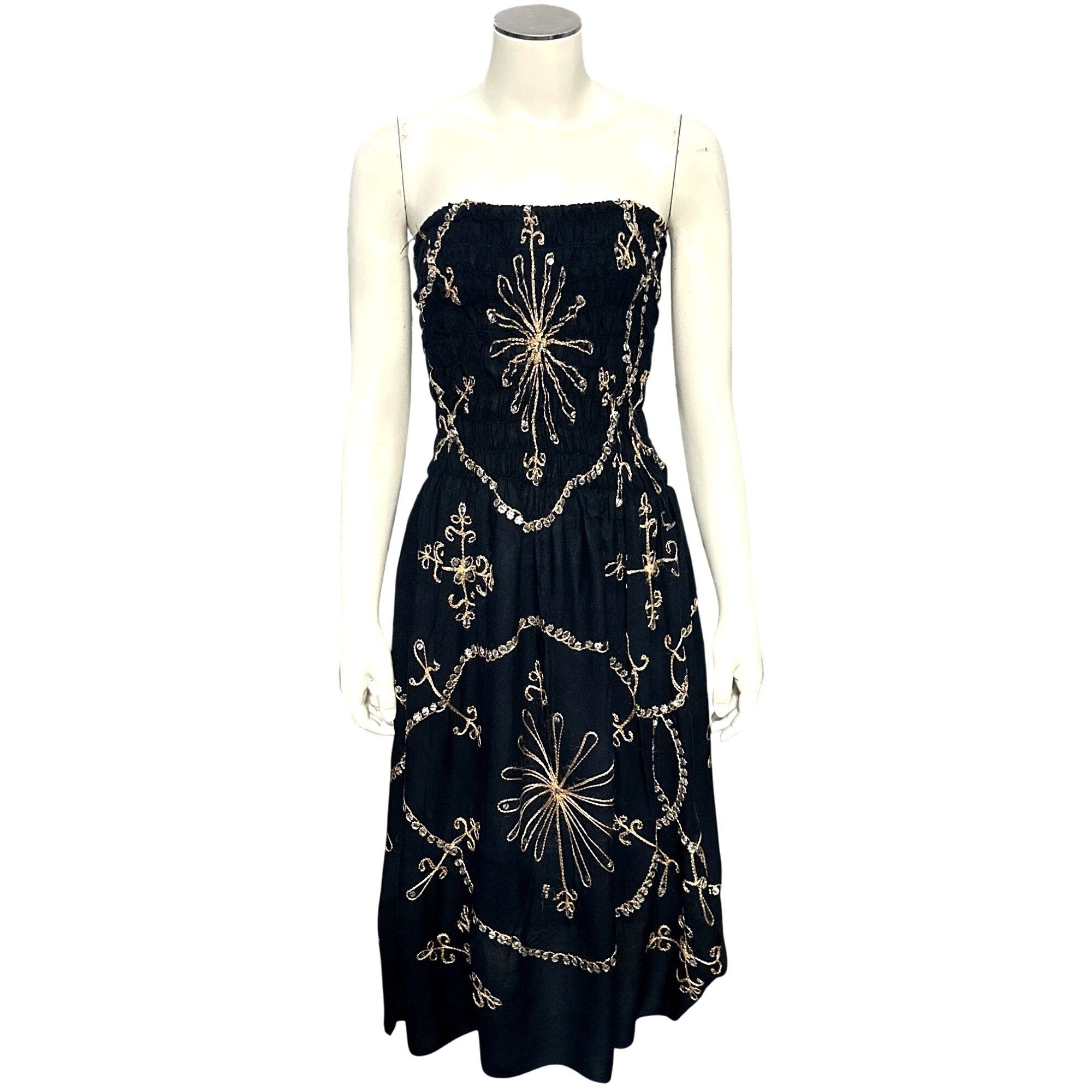 Other Black Strapless Smocked Embroidered Sequin Midi Dress Gold S Size S / US 4 / IT 40 - 2 Thumbnail