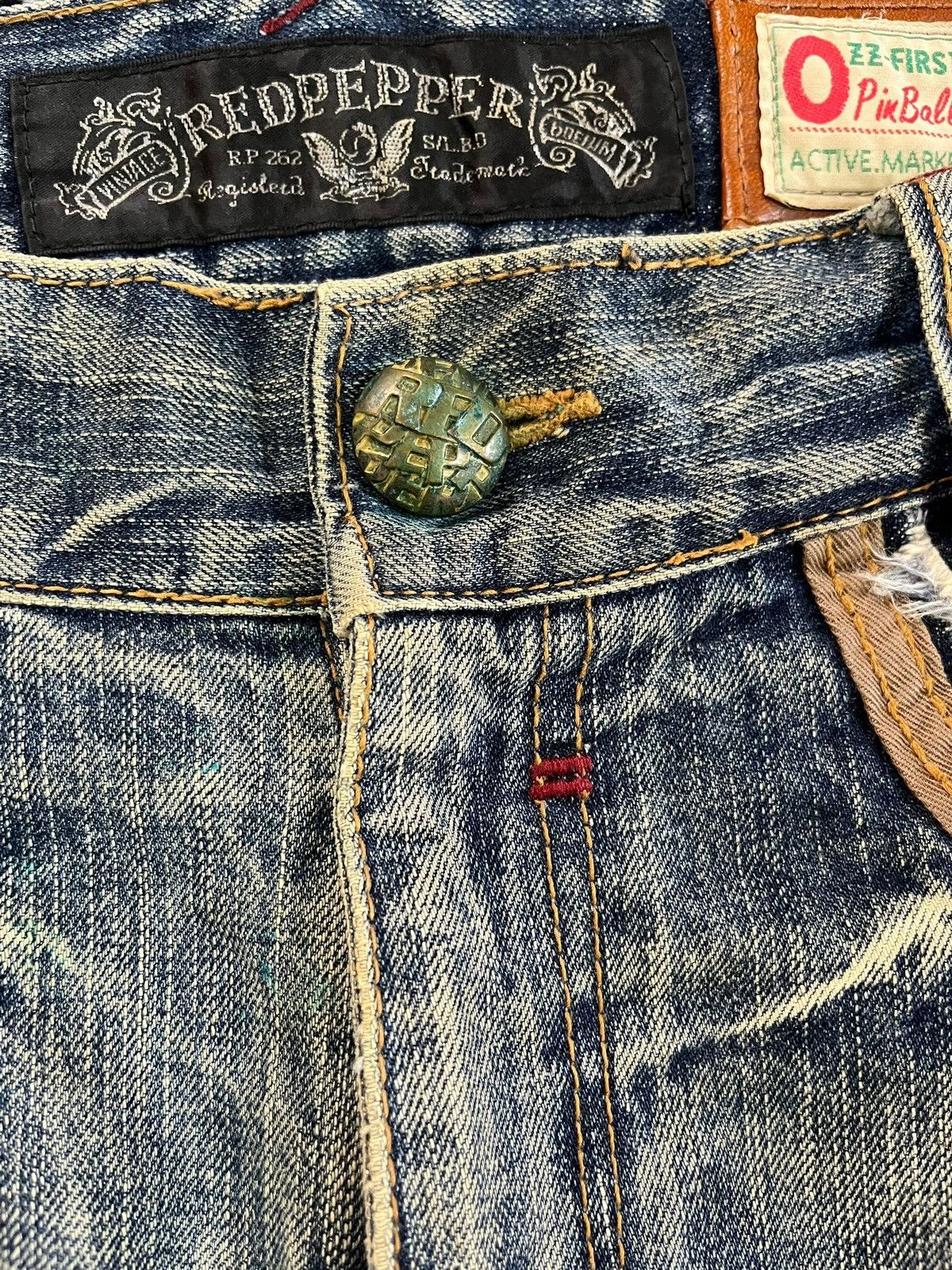 Ed Hardy Vintage Red Pepper Studded Embroidded Mudwash Denim Size US 34 / EU 50 - 6 Thumbnail