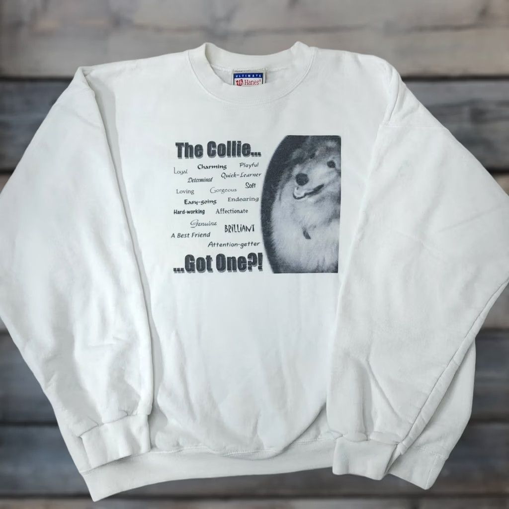 Vintage Collie Graphic Print Sweatshirt Adult L White Y2K 90s Fleece Crewneck, Men's