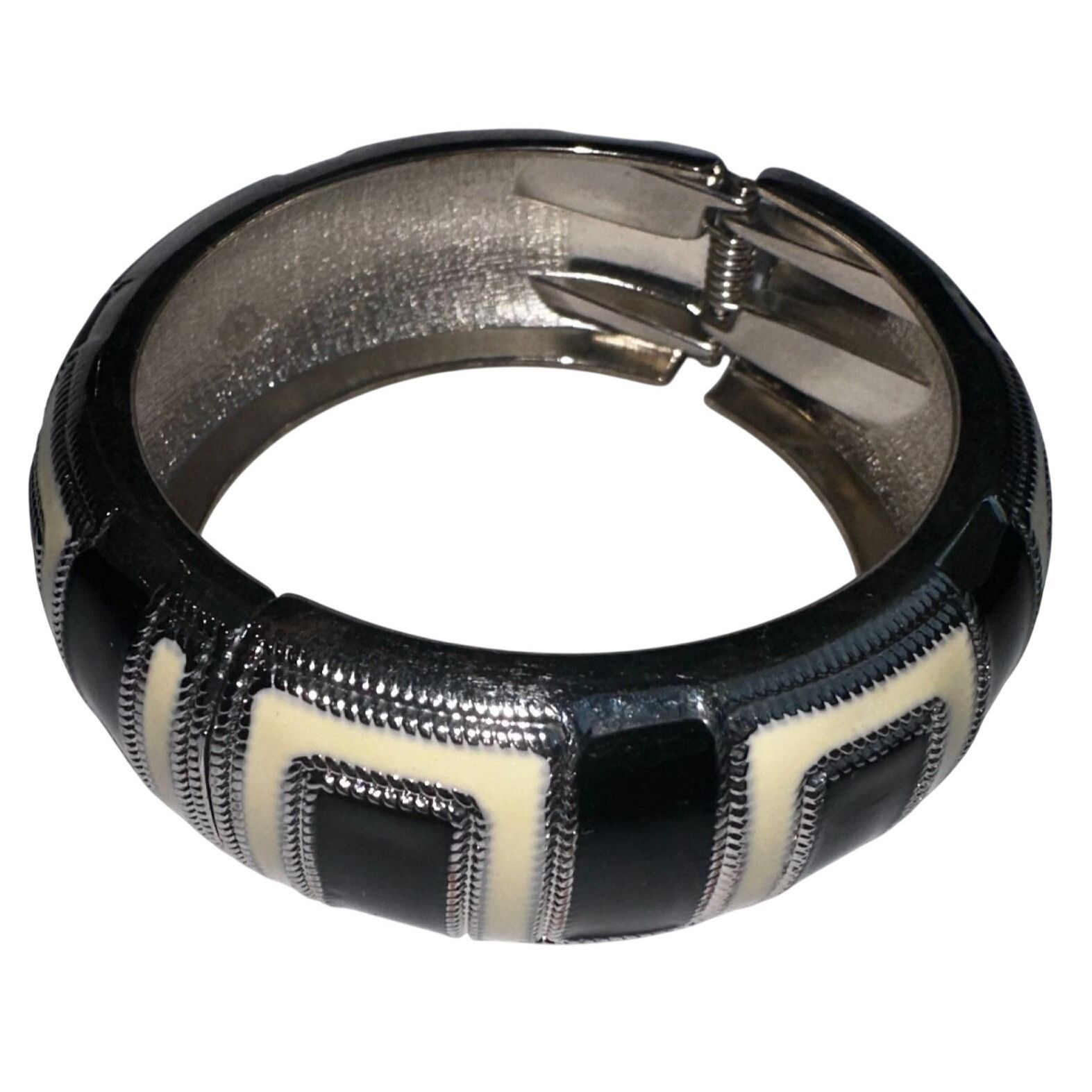 Vintage Vintage Silver & Black Geometric Enamel Bangle Bracelet With Size ONE SIZE - 3 Thumbnail