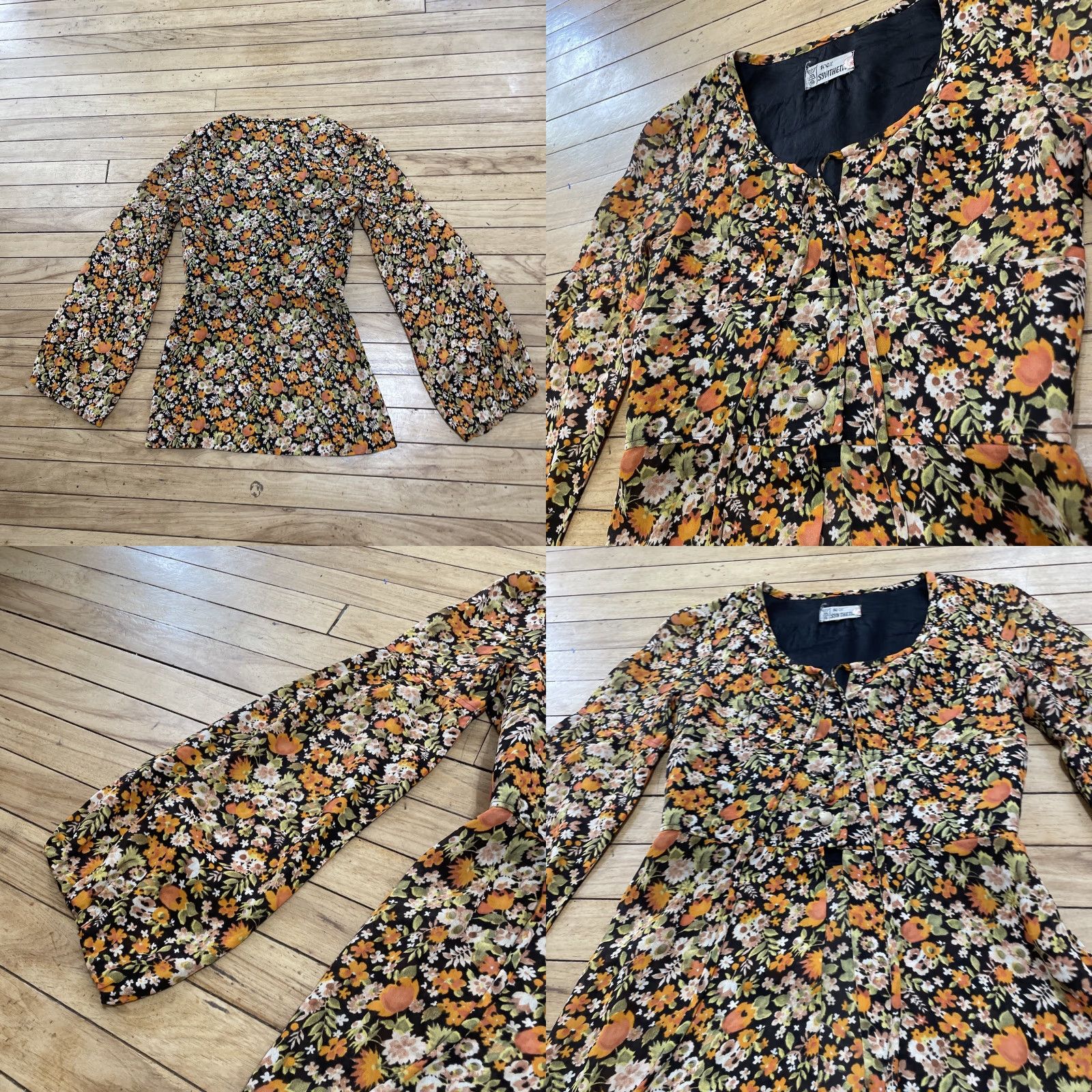 Bell VINTAGE 100% Synthetics VTG Tunic Women 38 Orange Green Floral Bell Sleeve 70s Hippie Shirt Size XS / US 0-2 / IT 36-38 - 10 Thumbnail
