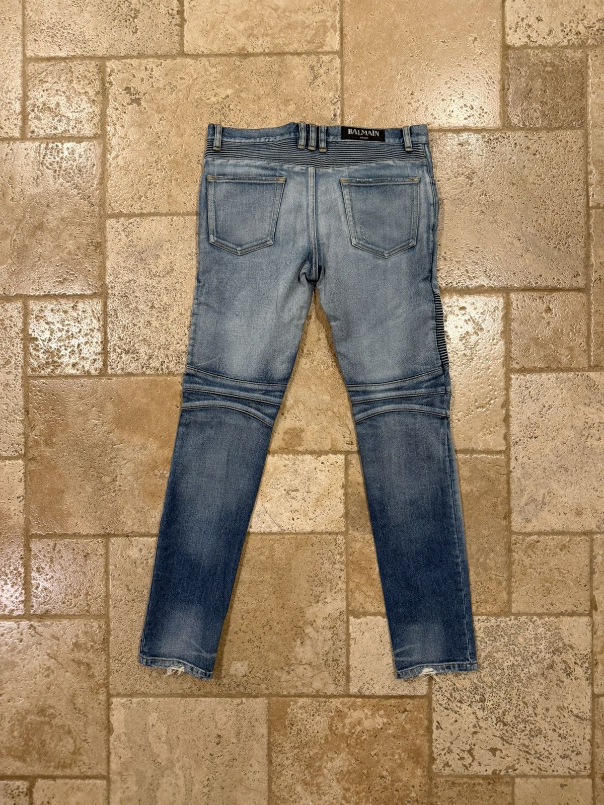 Balmain Balmain OG Biker Distressed Stone Wash Blue Denim Jeans Size US 31 - 6 Thumbnail