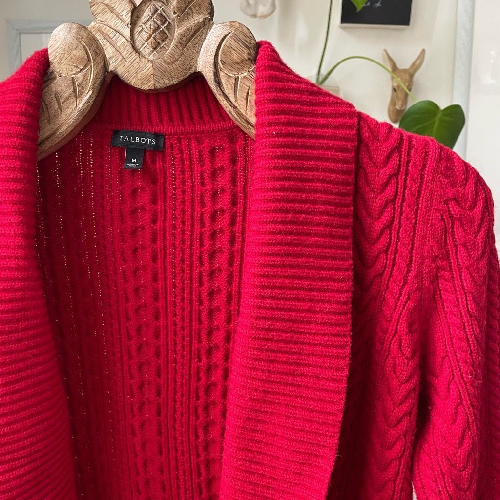 Other Talbots Garnet Red Cable Knit Open Front Cardigan Sweater M Size M / US 6-8 / IT 42-44 - 2 Thumbnail
