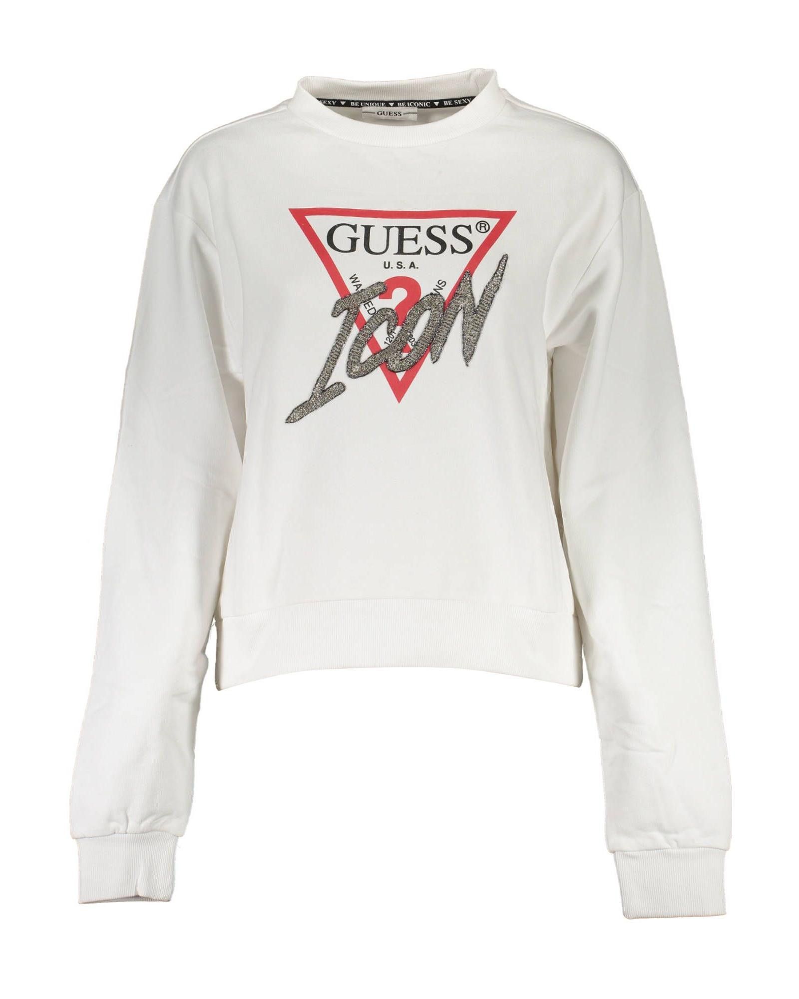 image of Guess Cotton Sweater With Rhinestone Logo Print in White, Women's (Size XL)