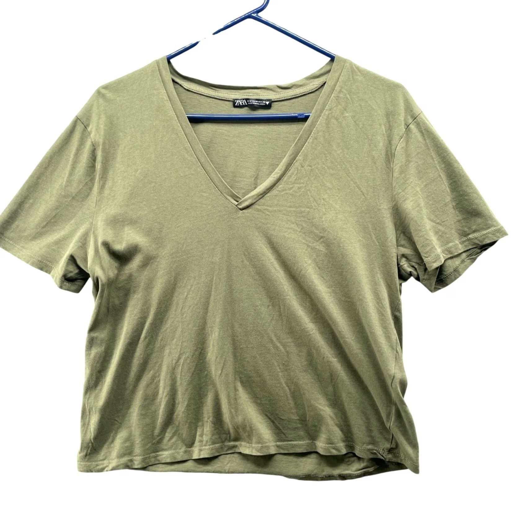 Zara Zara V-Neck T-Shirt Womens M Short Sleeve Olive Green Cotton Basic Size M / US 6-8 / IT 42-44 - 2 Thumbnail