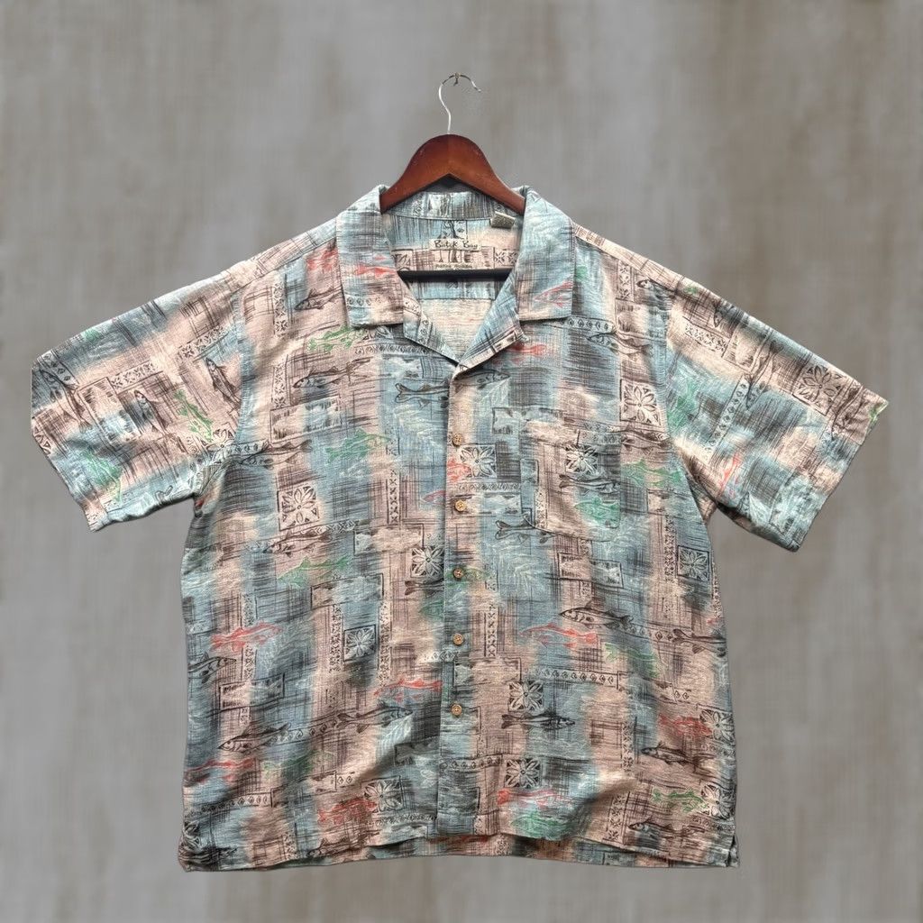 Vintage Batik Bay Shirt XXL Blue Tan 100% Silk Short Sleeve Fish Print Camp Mens Size US XXL / EU 58 / 5 - 1 Thumbnail
